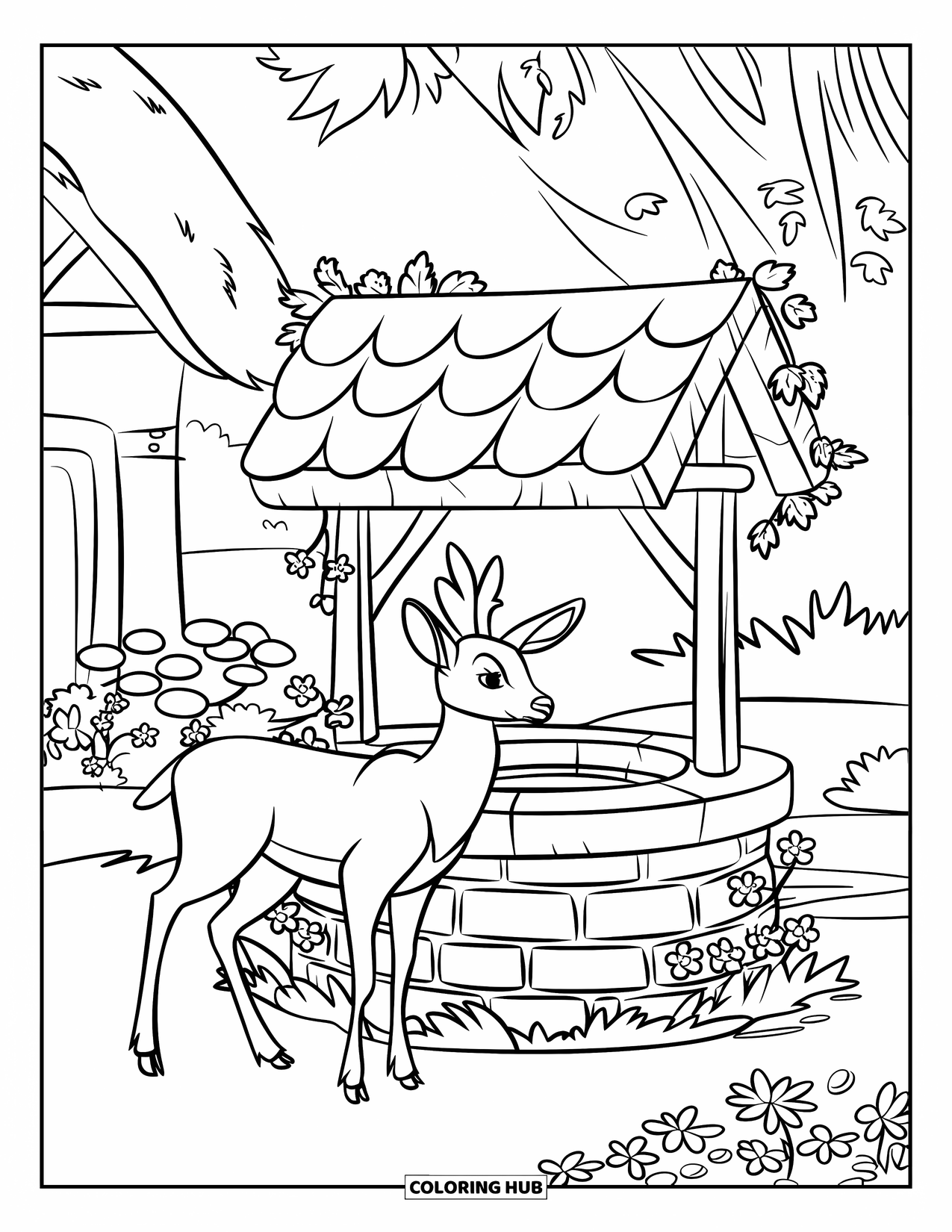 Cottagecore Coloring Page for Kids: A deer standing near a well, surrounded by ivy and flowers