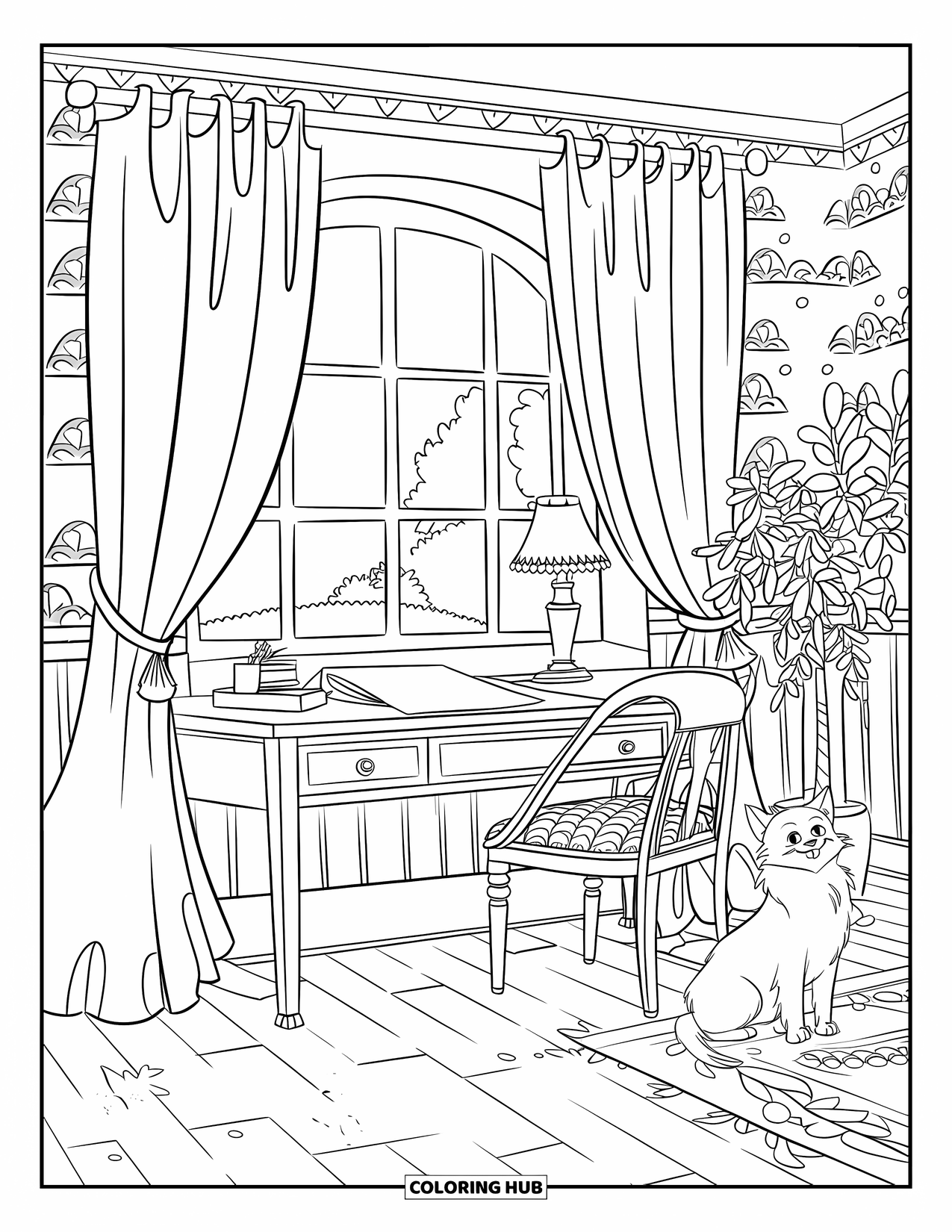 Cottagecore Coloring Page for Kids: A dreamy bedroom with bookshelves, soft lighting, and a cozy reading nook