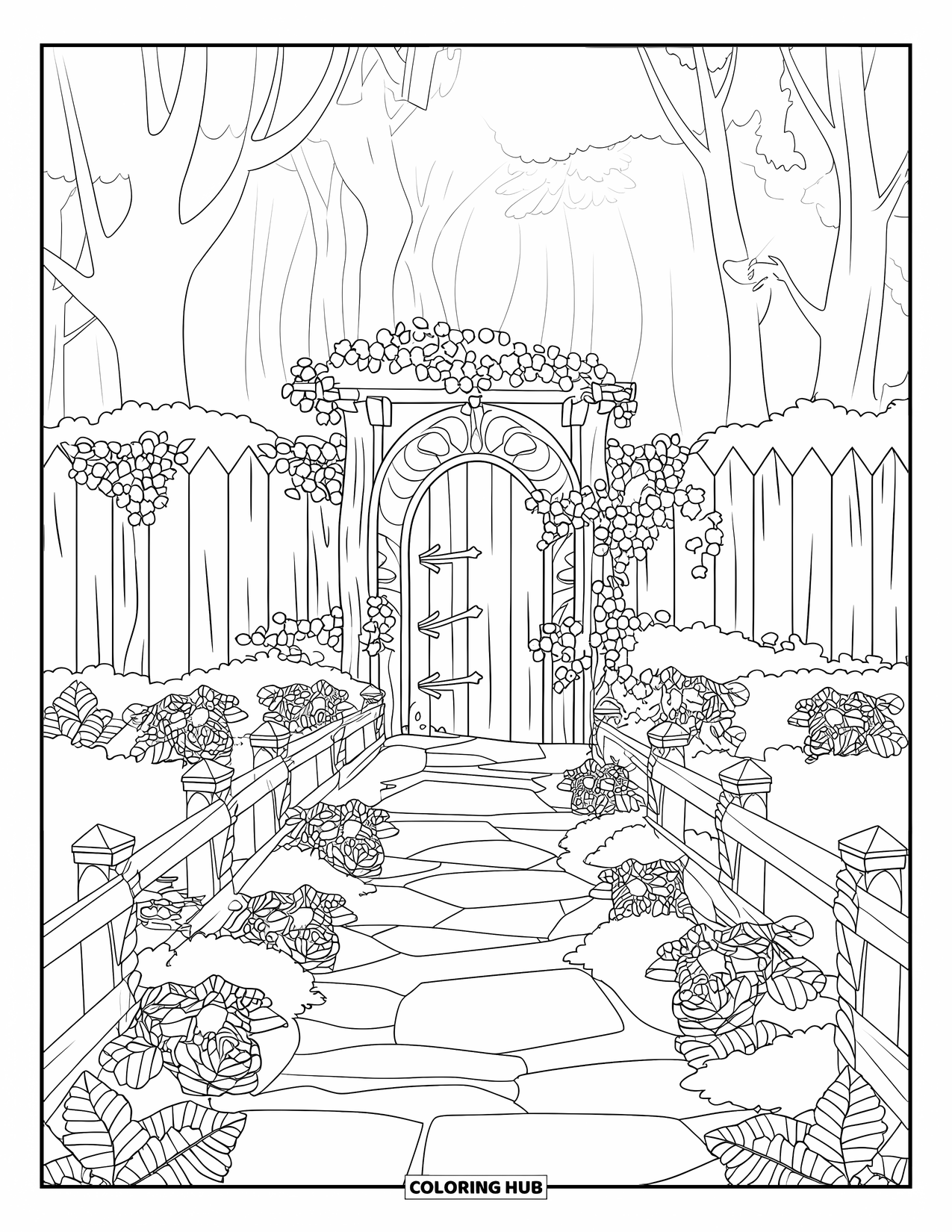 Cottagecore Coloring Page for Kids: A floral pathway leading to a carved wooden door, surrounded by ivy and roses