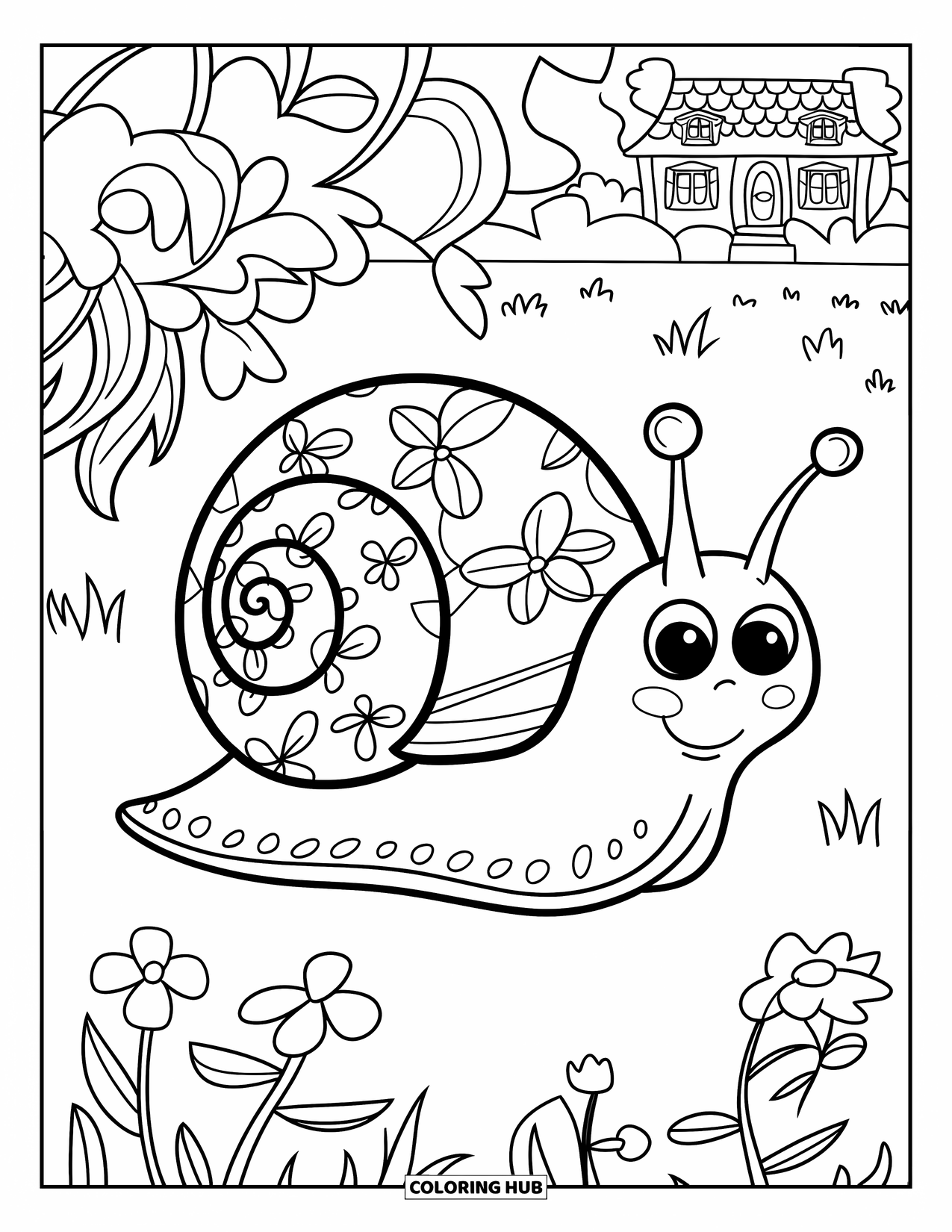 Cottagecore Coloring Page for Kids: A floral-patterned snail crawling in a flower-filled garden