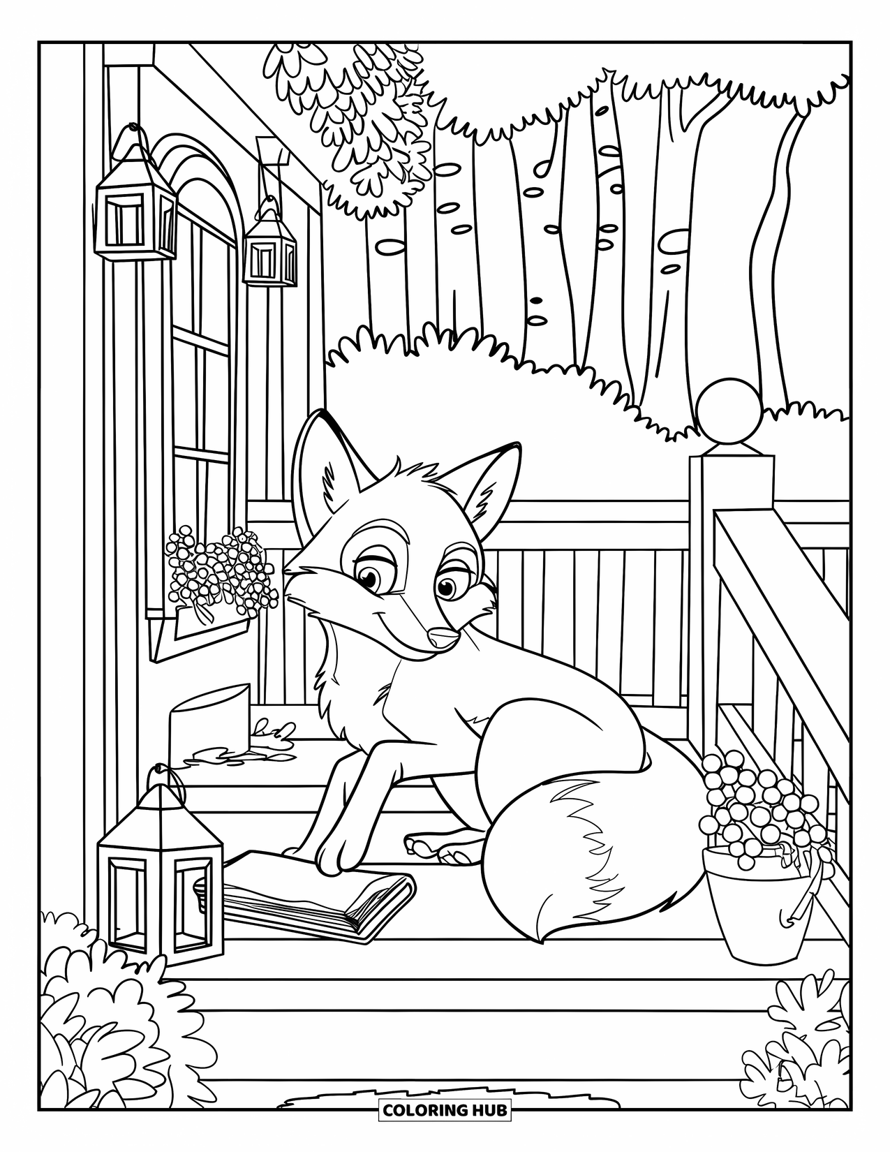 Cottagecore Coloring Page for Kids: A fox curled up with a book on a porch, surrounded by lanterns and plants