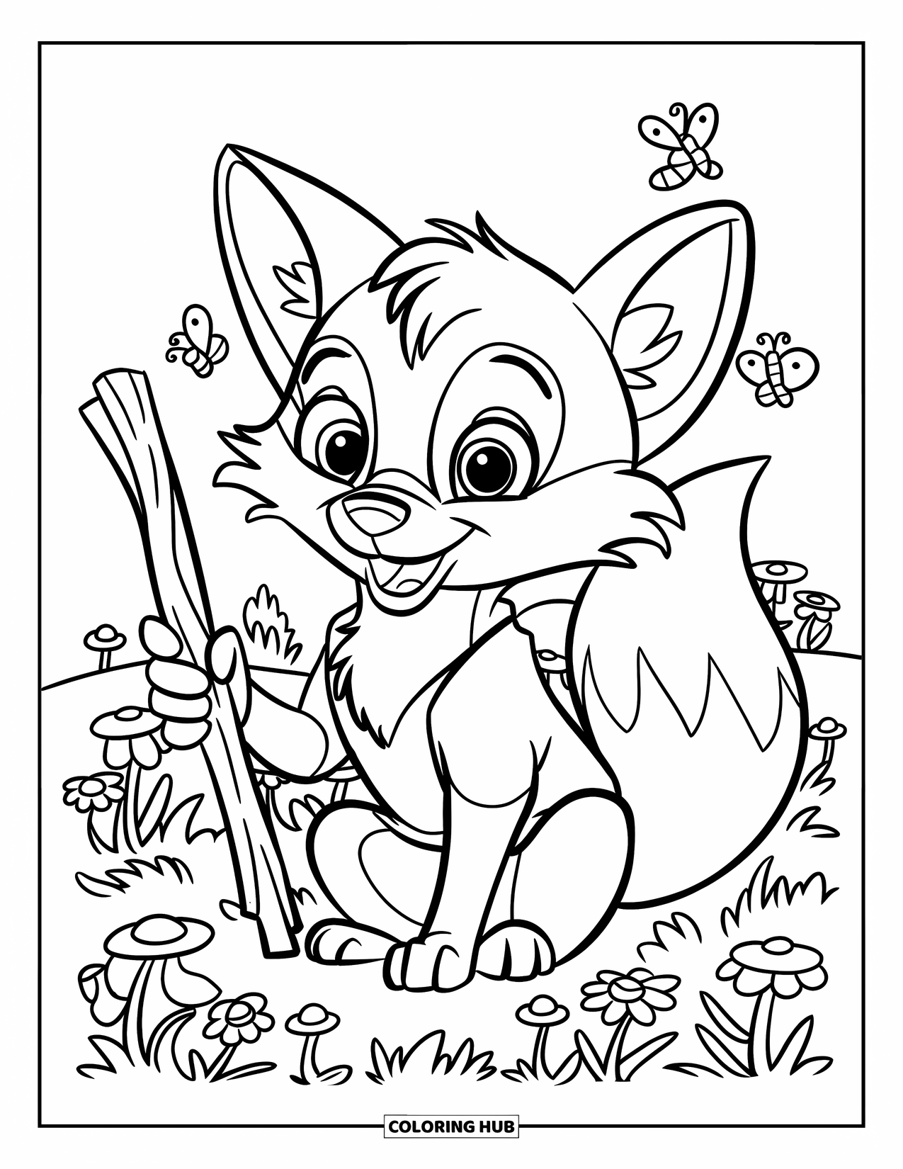 Cottagecore Coloring Page for Kids: A fox in a red vest holding a stick in a field of flowers