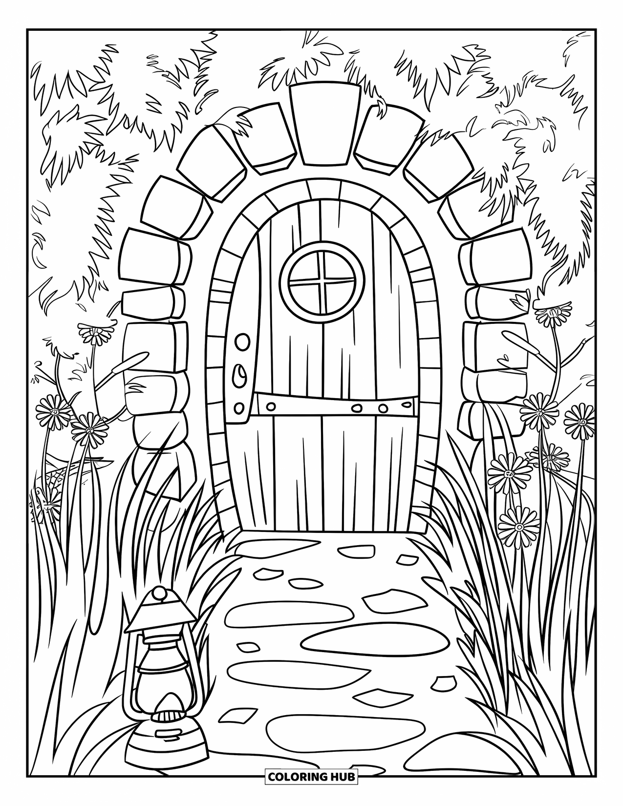Cottagecore Coloring Page for Kids: A garden pathway with lanterns, tall grasses, and a wooden door with a stone arch