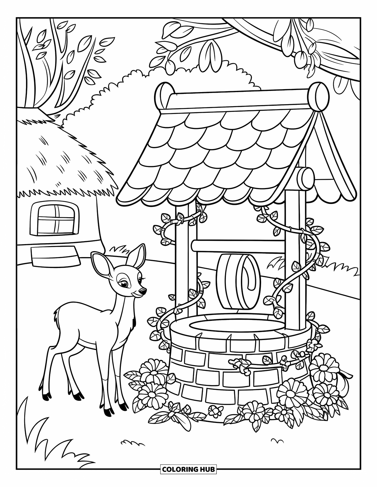 Cottagecore Coloring Page for Kids: A gentle deer standing by a stone well, surrounded by blooming flowers
