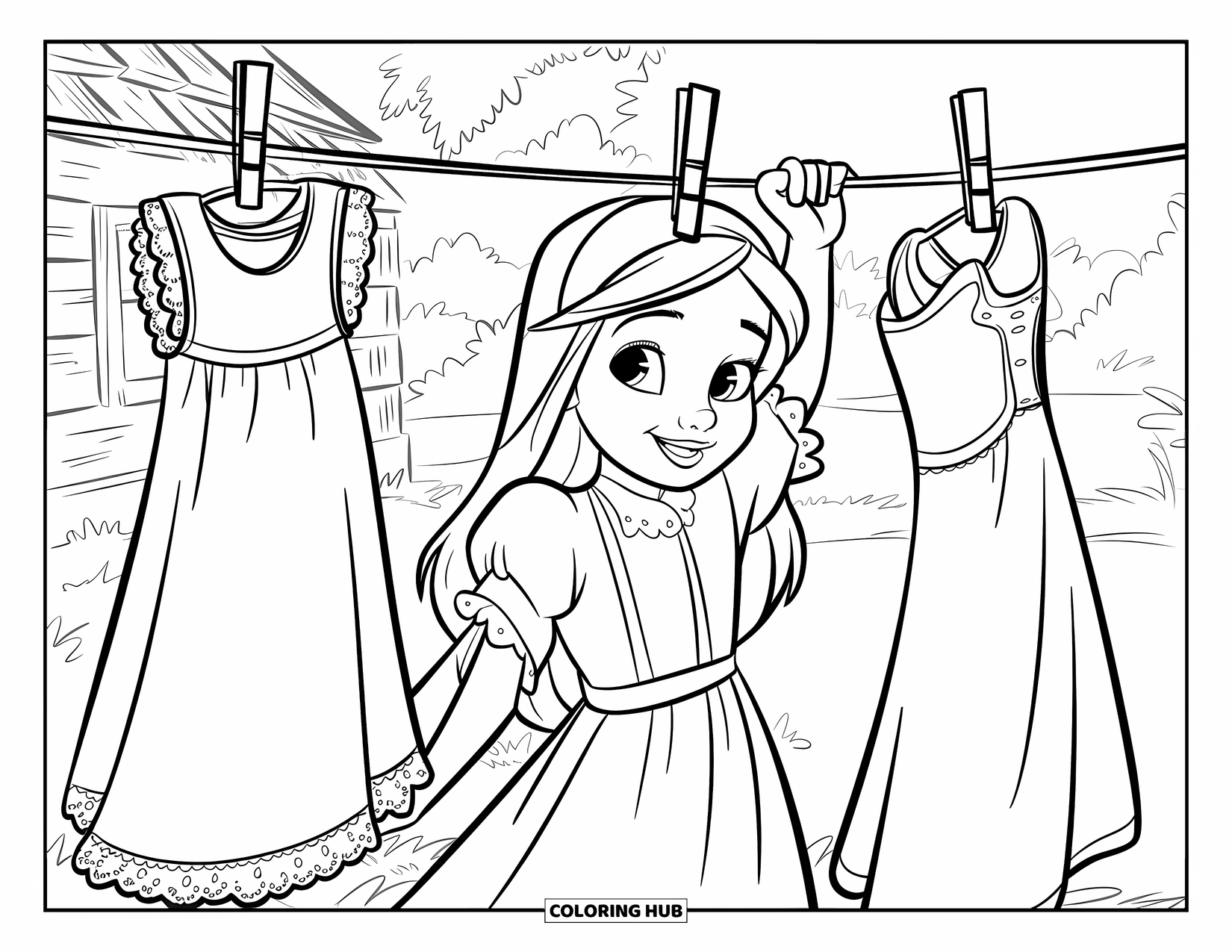 Cottagecore Coloring Page for Kids: A girl hanging lace-trimmed dresses on a clothesline near a rustic cottage