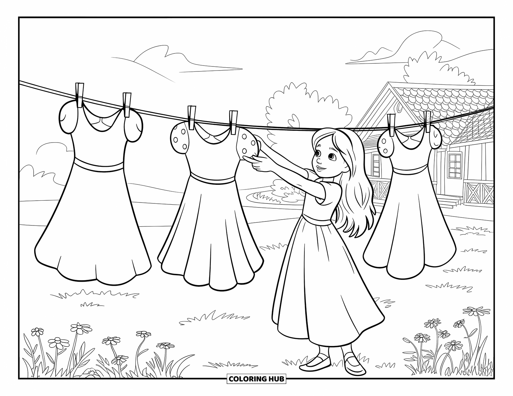 Cottagecore Coloring Page for Kids: A girl in a polka-dot dress hanging dresses in a wildflower field