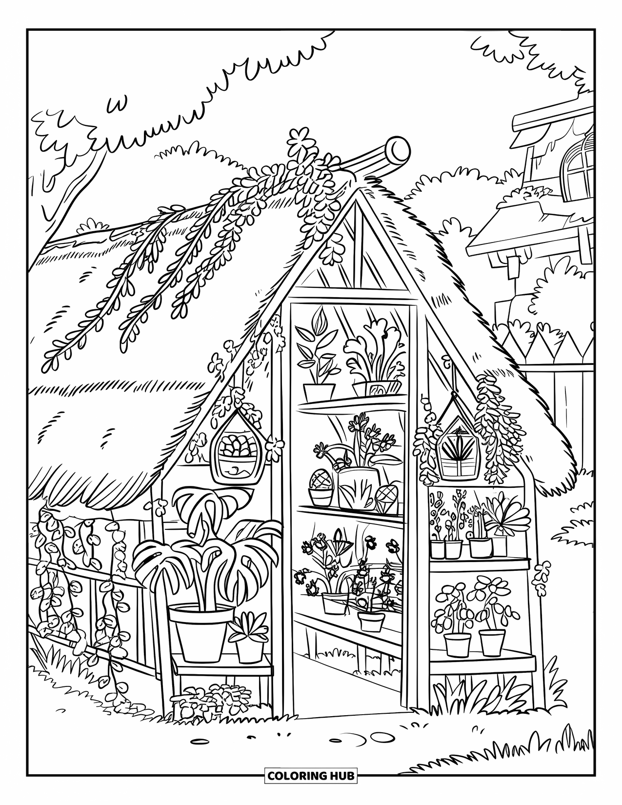 Cottagecore Coloring Page for Kids: A greenhouse filled with potted plants, vines, and hanging terrariums