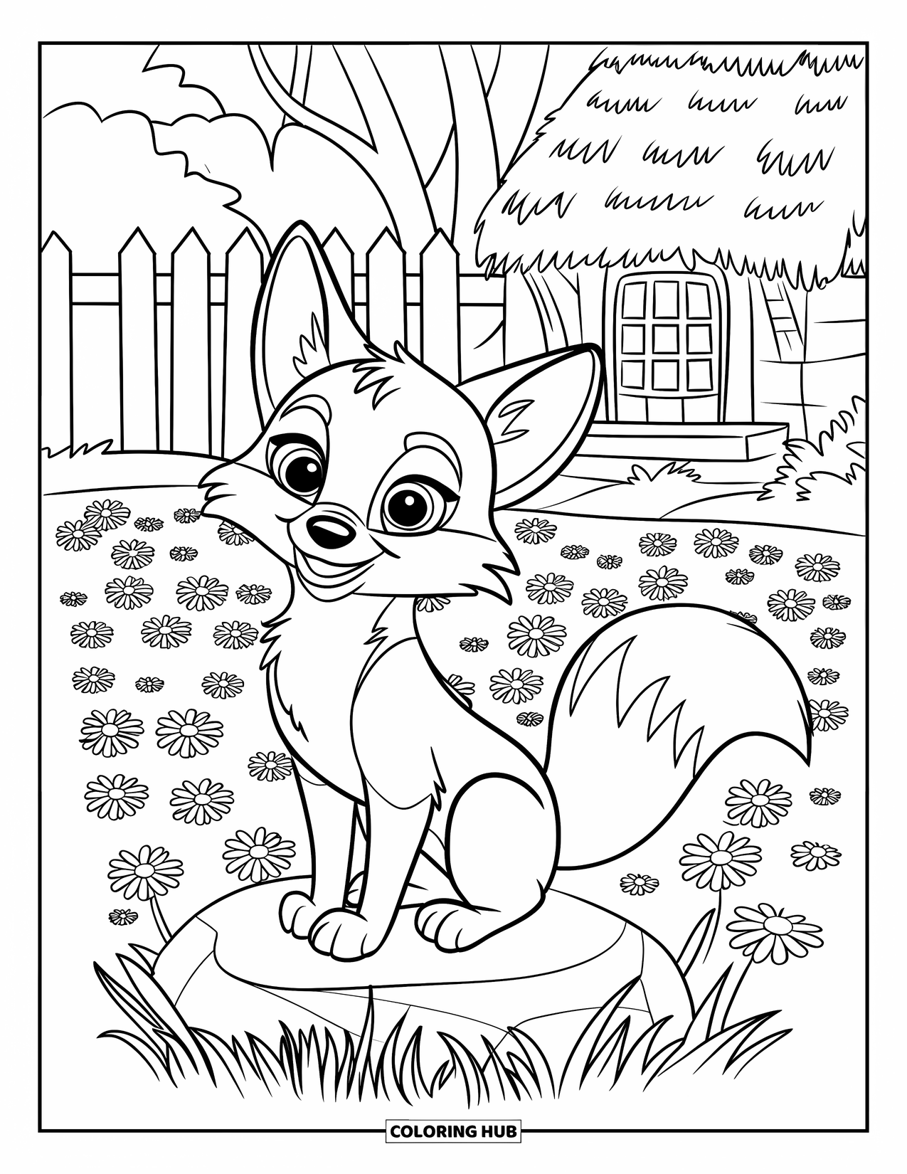 Cottagecore Coloring Page for Kids: A happy fox sitting on a rock, surrounded by blooming flowers