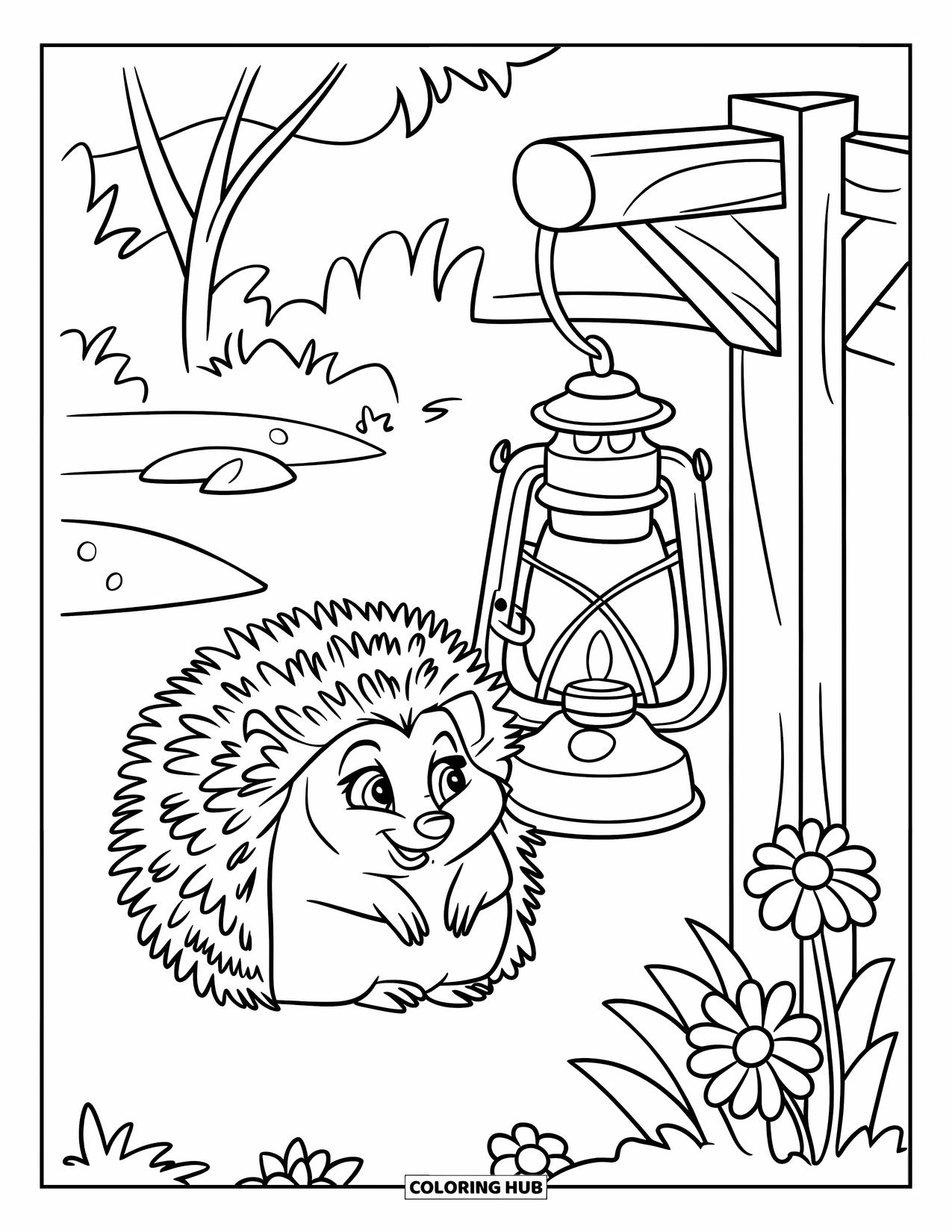 Cottagecore Coloring Page for Kids: A hedgehog with big eyes curled up beside a lantern and plants