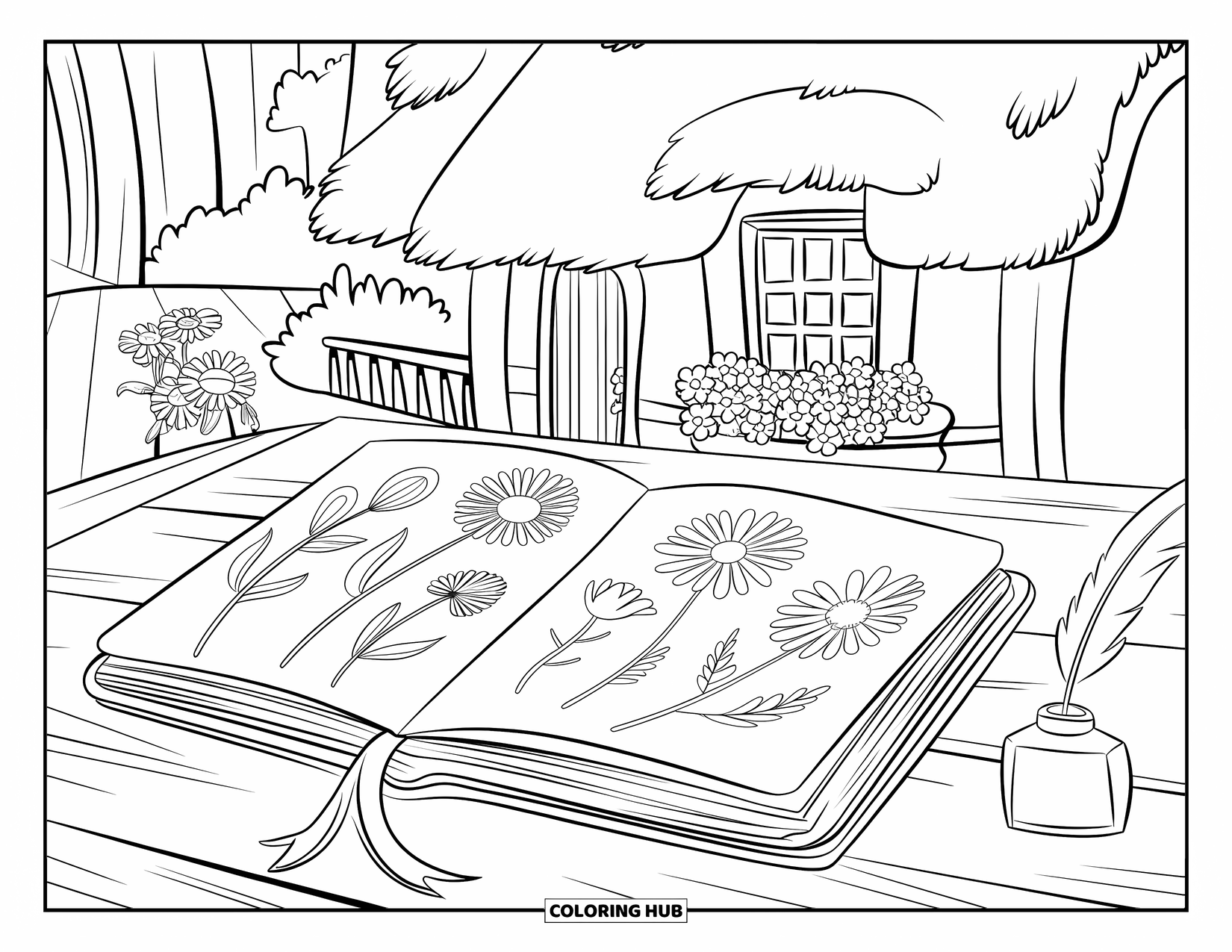 Cottagecore Coloring Page for Kids: A journal with a ribbon bookmark, a quill, and an inkwell beside it