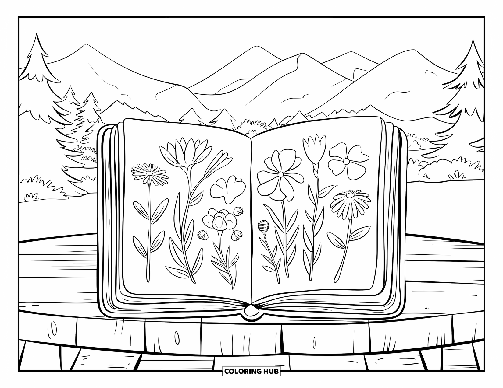 Cottagecore Coloring Page for Kids: A journal with pressed flowers resting on a wooden table in a serene setting