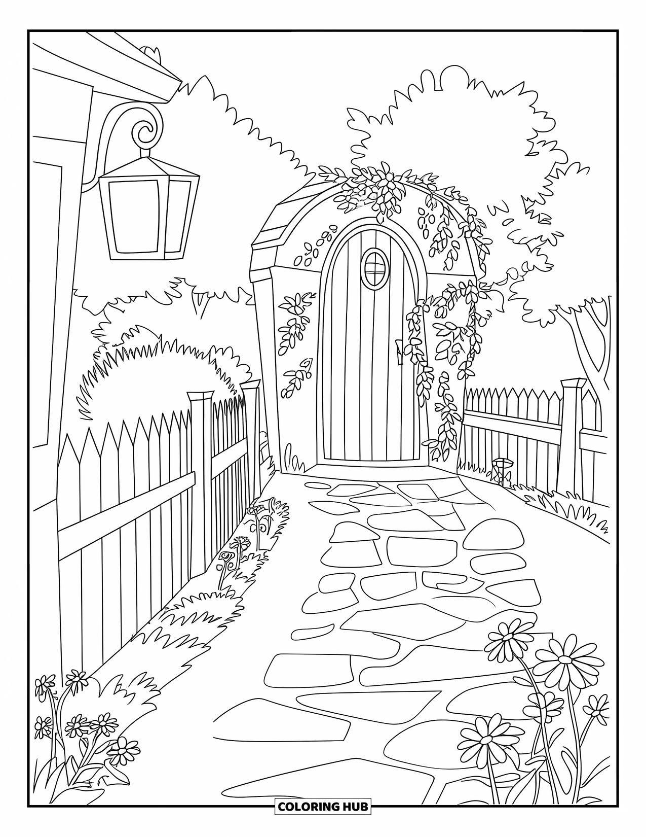 Cottagecore Coloring Page for Kids: A lantern-lit pathway leading to a hidden garden door surrounded by flowers