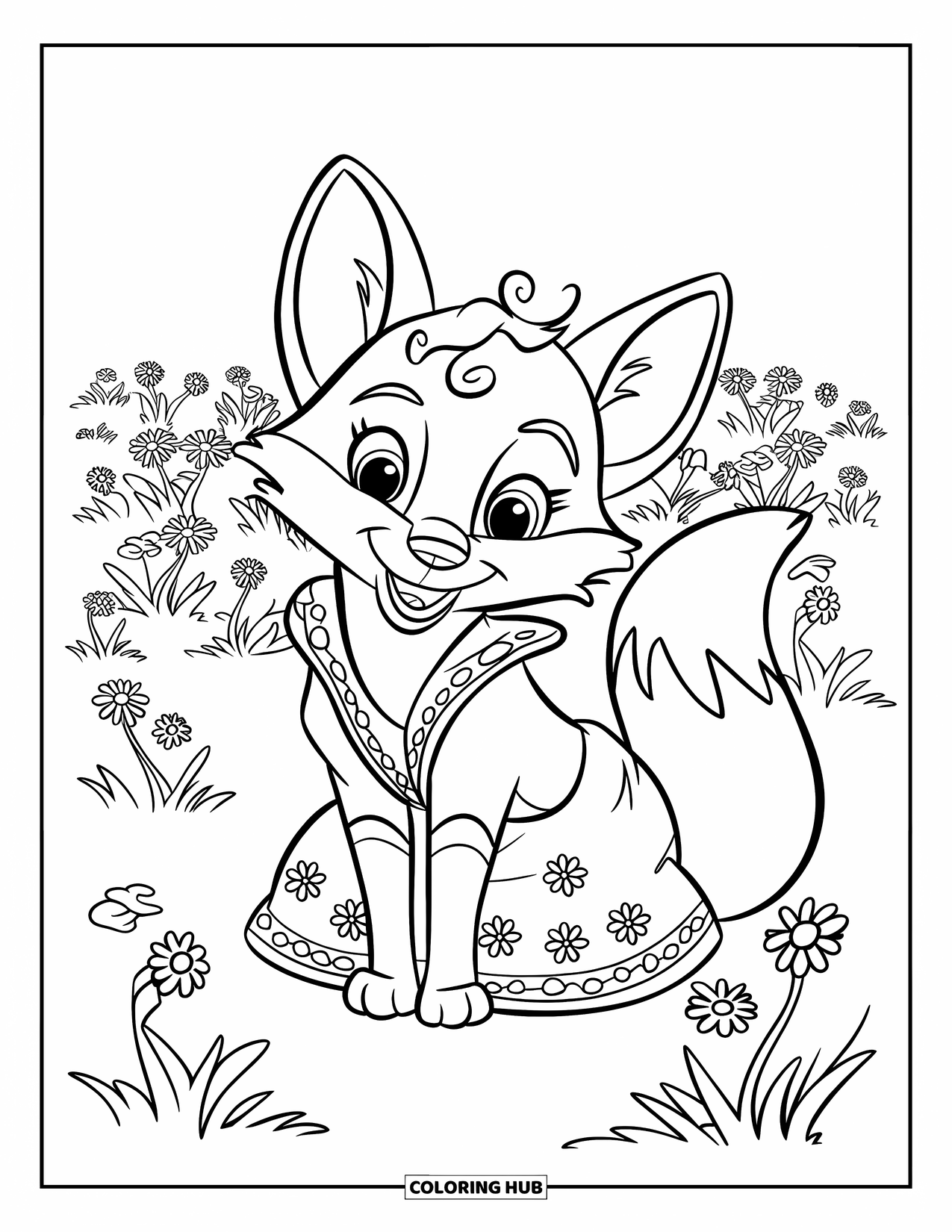 Cottagecore Coloring Page for Kids: A little fox in a green dress, resting in a flower-filled meadow