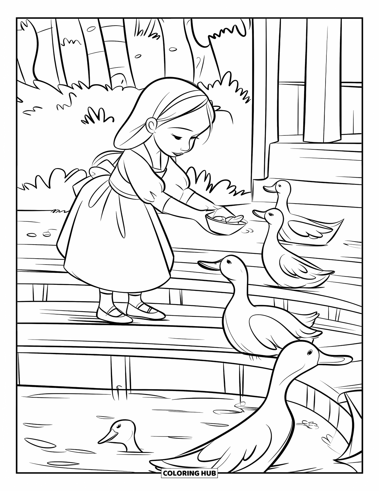 Cottagecore Coloring Page for Kids: A little girl feeding ducks near a pond, standing on a wooden platform