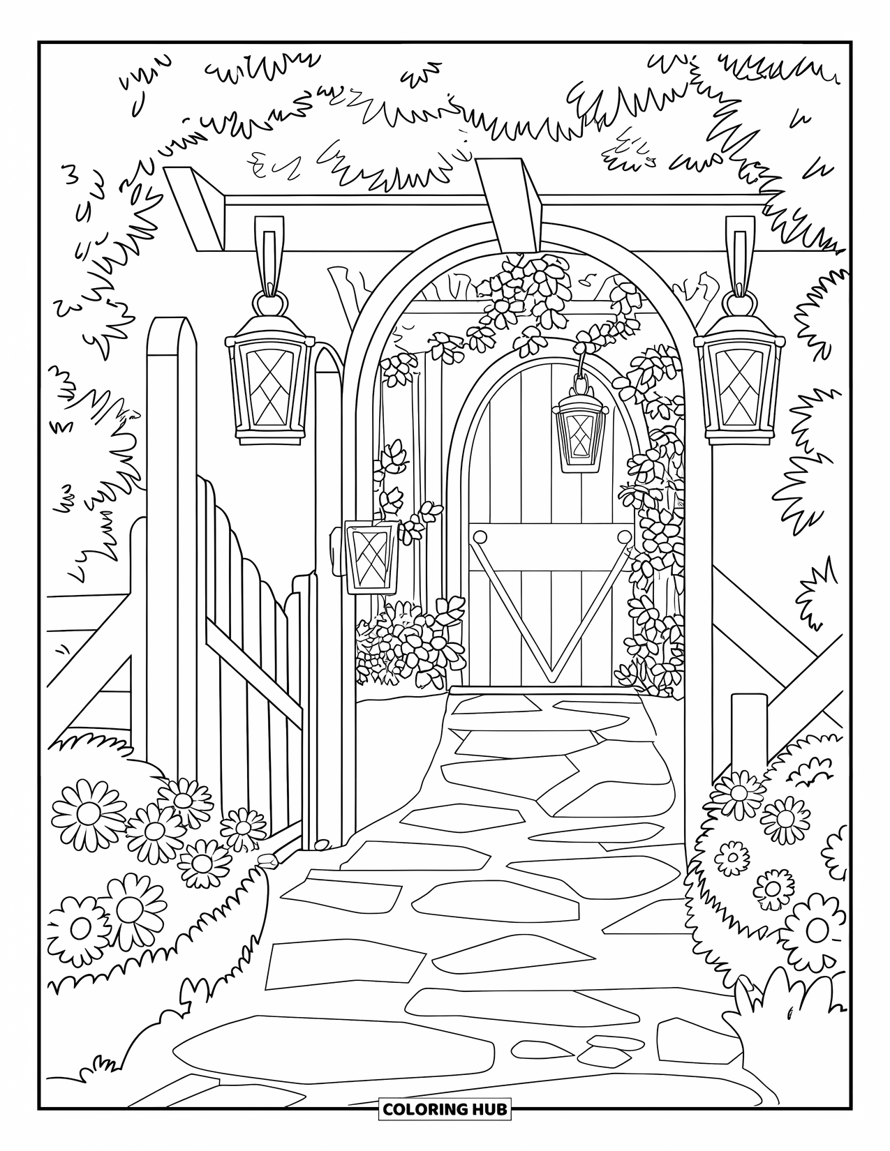 Cottagecore Coloring Page for Kids: A magical pathway lined with flowers, leading to a hidden wooden garden door