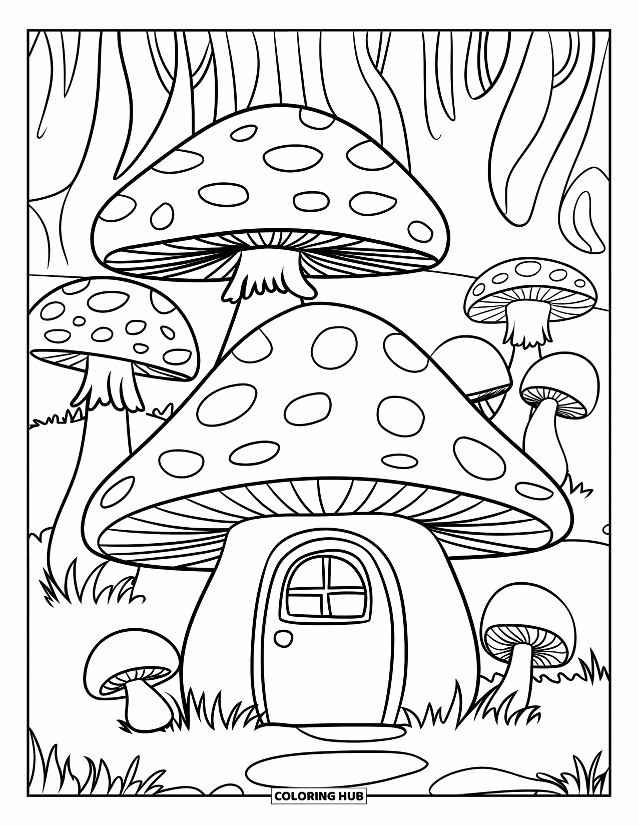 Cottagecore Coloring Page for Kids: A mushroom house nestled in a forest with tall trees and fungi