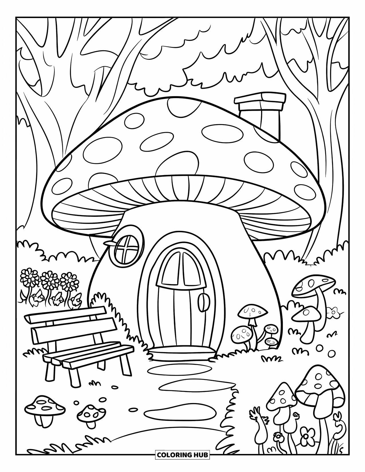 Cottagecore Coloring Page for Kids: A mushroom house with a garden, a wooden bench, and flowers