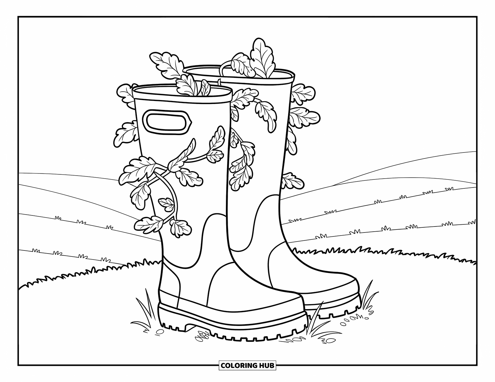 Cottagecore Coloring Page for Kids: A pair of boots with vines, set in a peaceful landscape