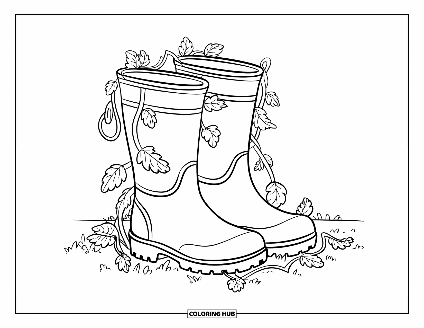 Cottagecore Coloring Page for Kids: A pair of rubber boots with vines growing around them