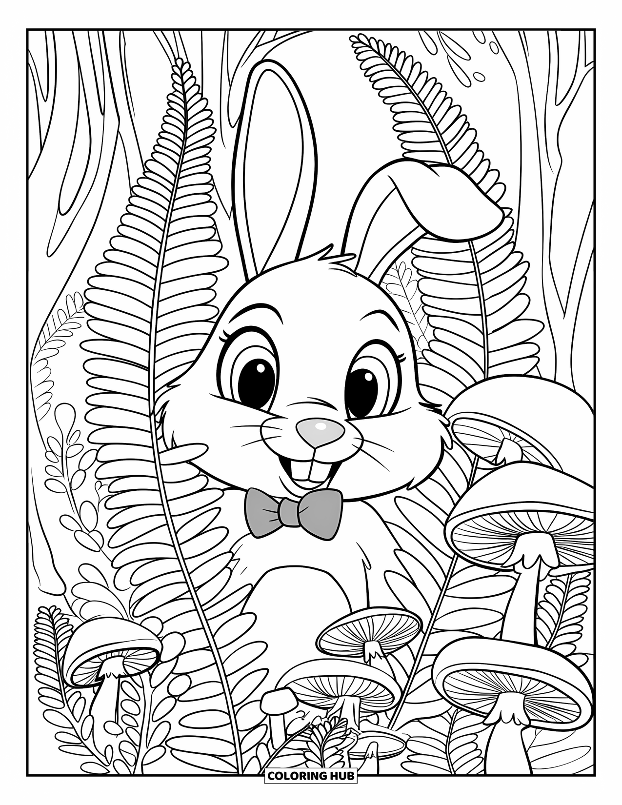 Cottagecore Coloring Page for Kids: A rabbit peeking through ferns and mushrooms in a cozy forest