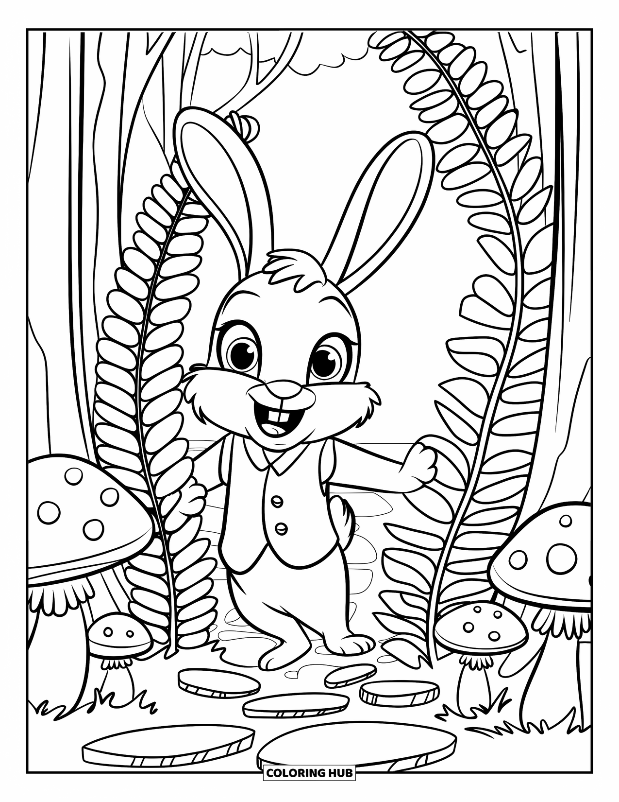 Cottagecore Coloring Page for Kids: A rabbit wearing a bowtie, hiding among ferns and mushrooms