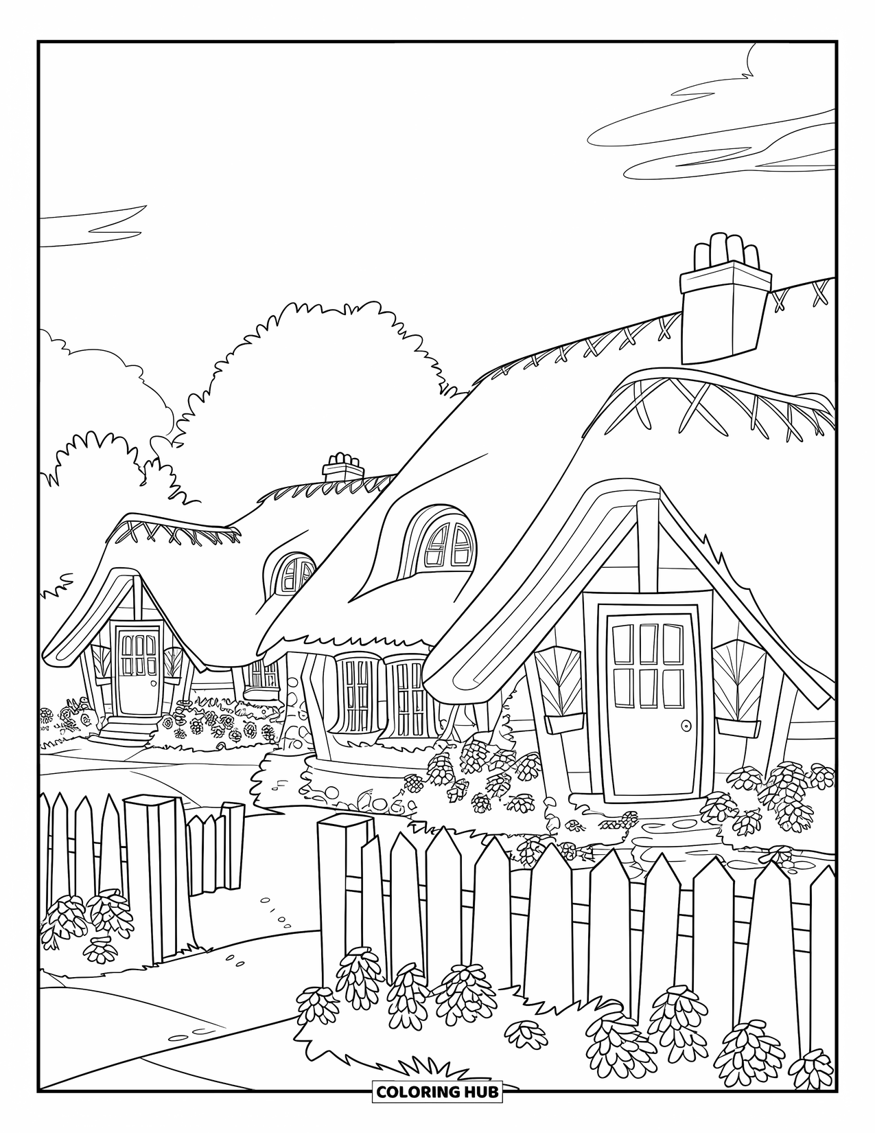 Cottagecore Coloring Page for Kids: A row of cottages with red roofs, stone paths, and picket fences