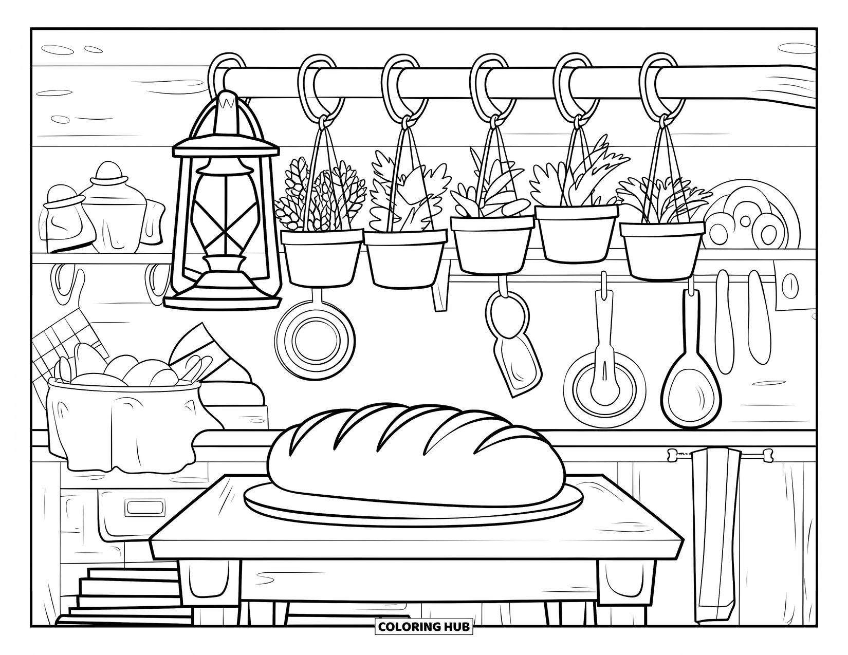 Cottagecore Coloring Page for Kids: A rustic kitchen with wooden furniture, vintage items, and hanging herbs