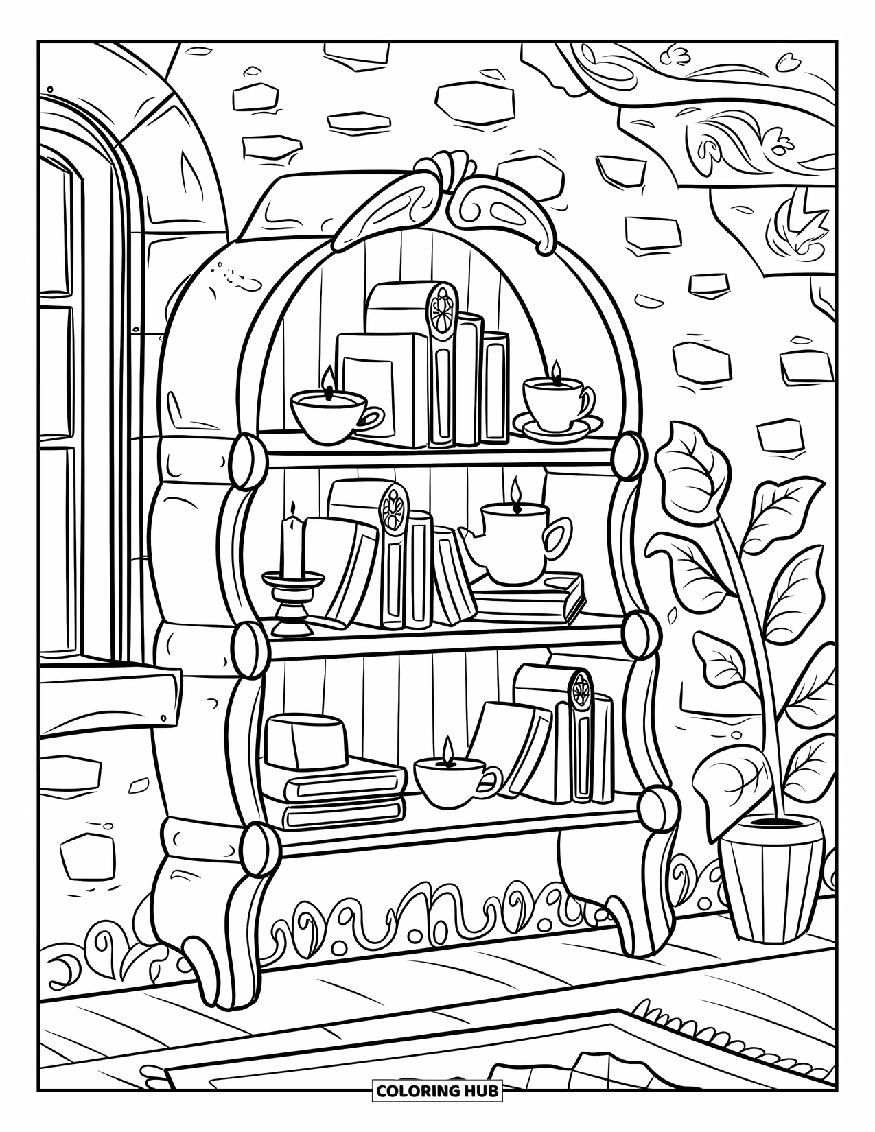 Cottagecore Coloring Page for Kids: A rustic shelf with books, a teacup, and a potted plant near a window