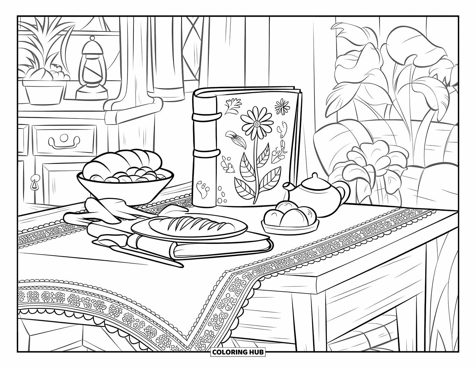 Cottagecore Coloring Page for Kids: A rustic table with a lace cloth, bread, fruit, and a cottagecore journal