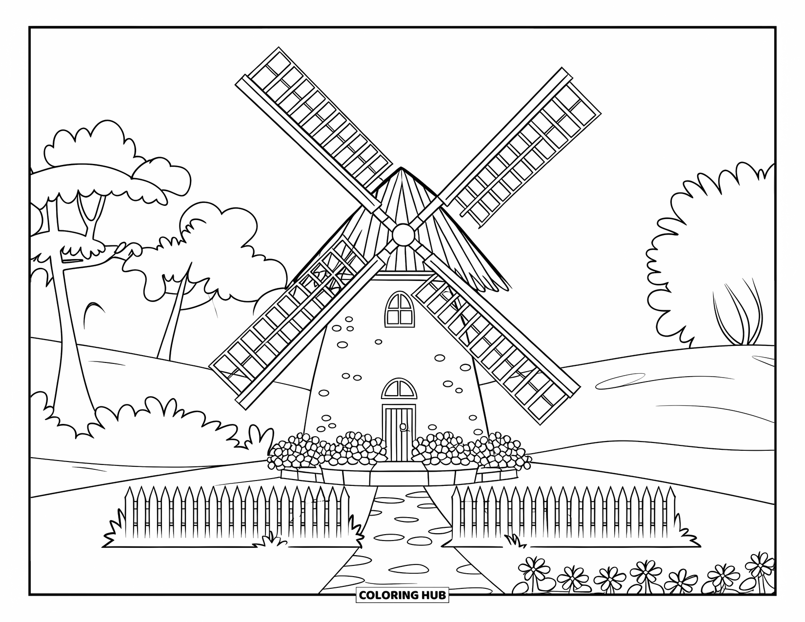 Cottagecore Coloring Page for Kids: A rustic windmill with a flower bed and a white picket fence
