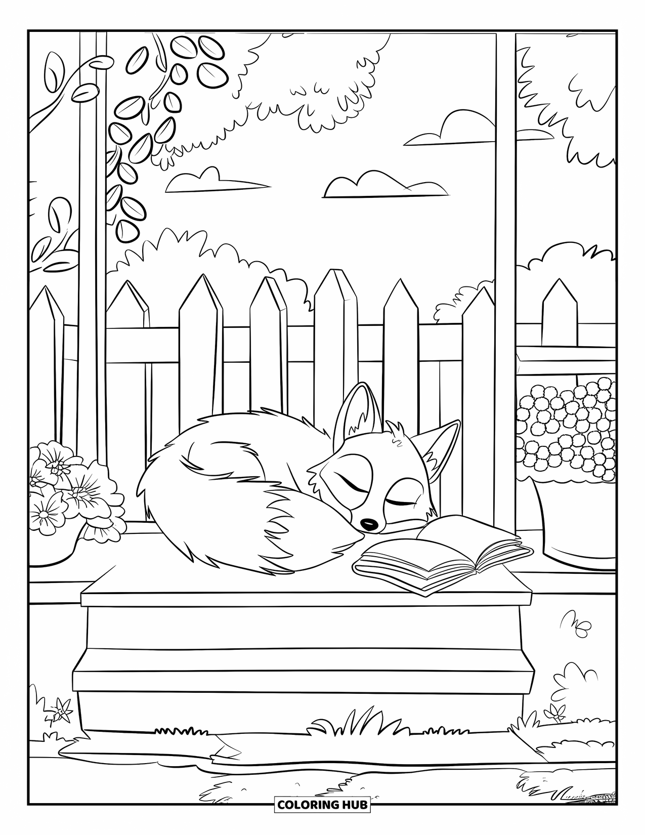 Cottagecore Coloring Page for Kids: A sleeping fox resting on a porch, next to a book and potted flowers