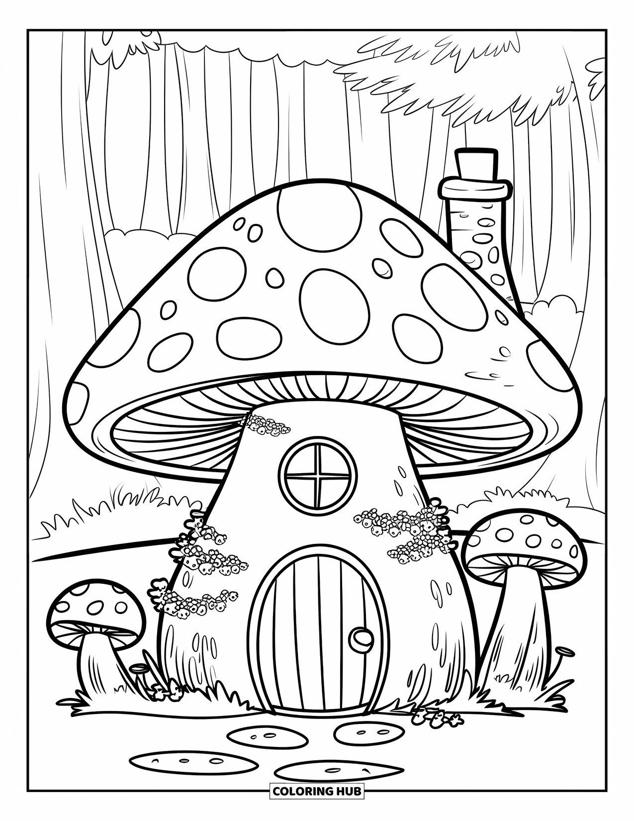 Cottagecore Coloring Page for Kids: A small mushroom cottage surrounded by trees and tiny mushrooms