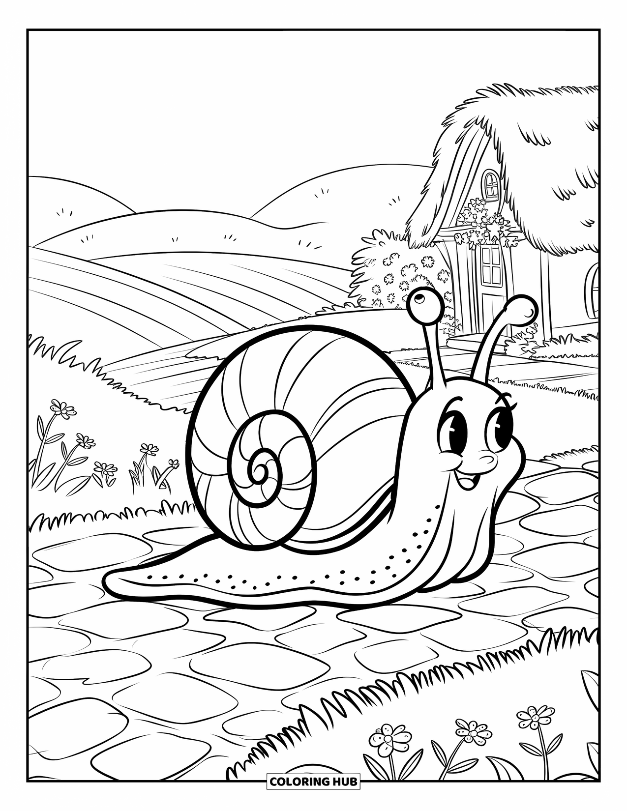 Cottagecore Coloring Page for Kids: A snail with a patterned shell, slowly moving on a cobblestone path