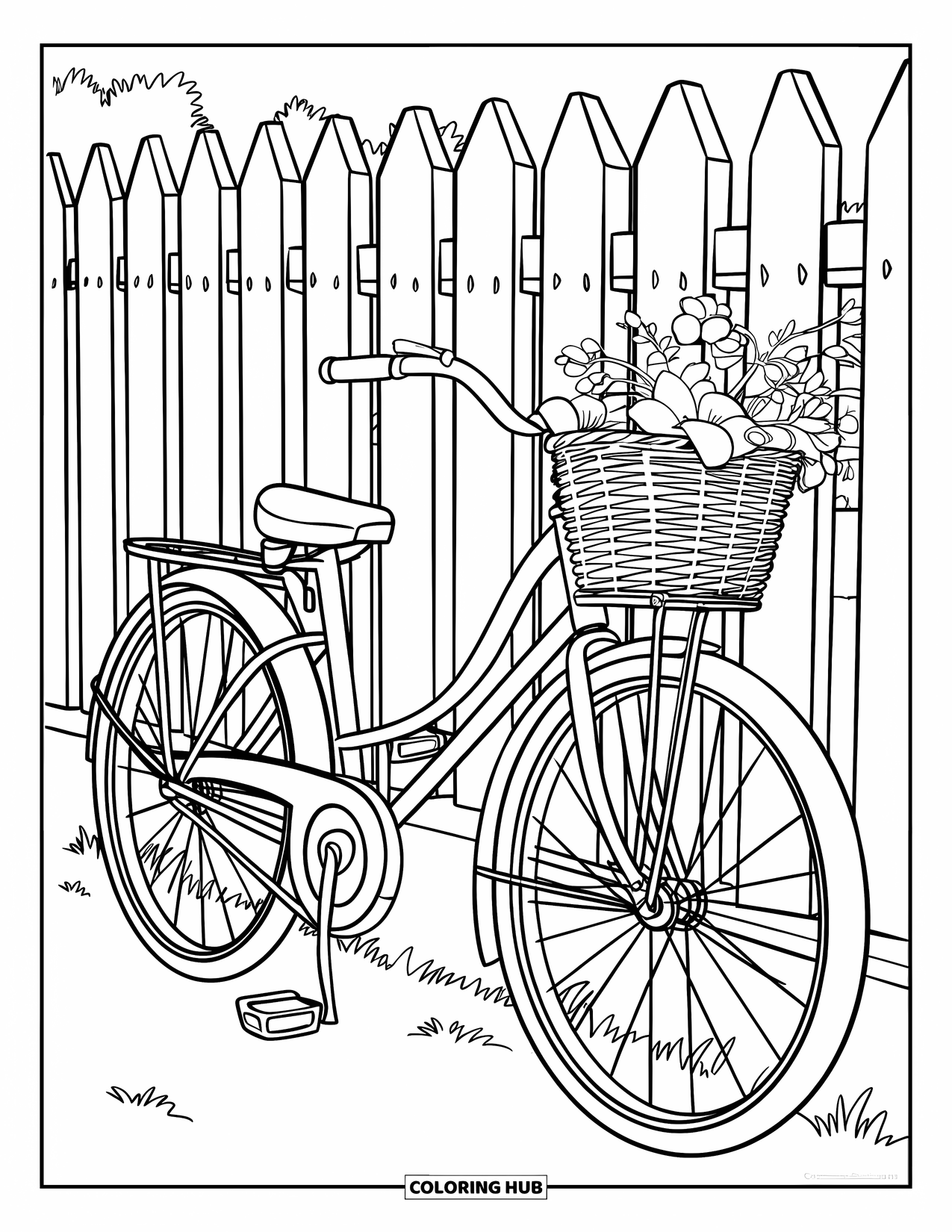 Cottagecore Coloring Page for Kids: A vintage bicycle with a flower basket leaning against a cottagecore fence
