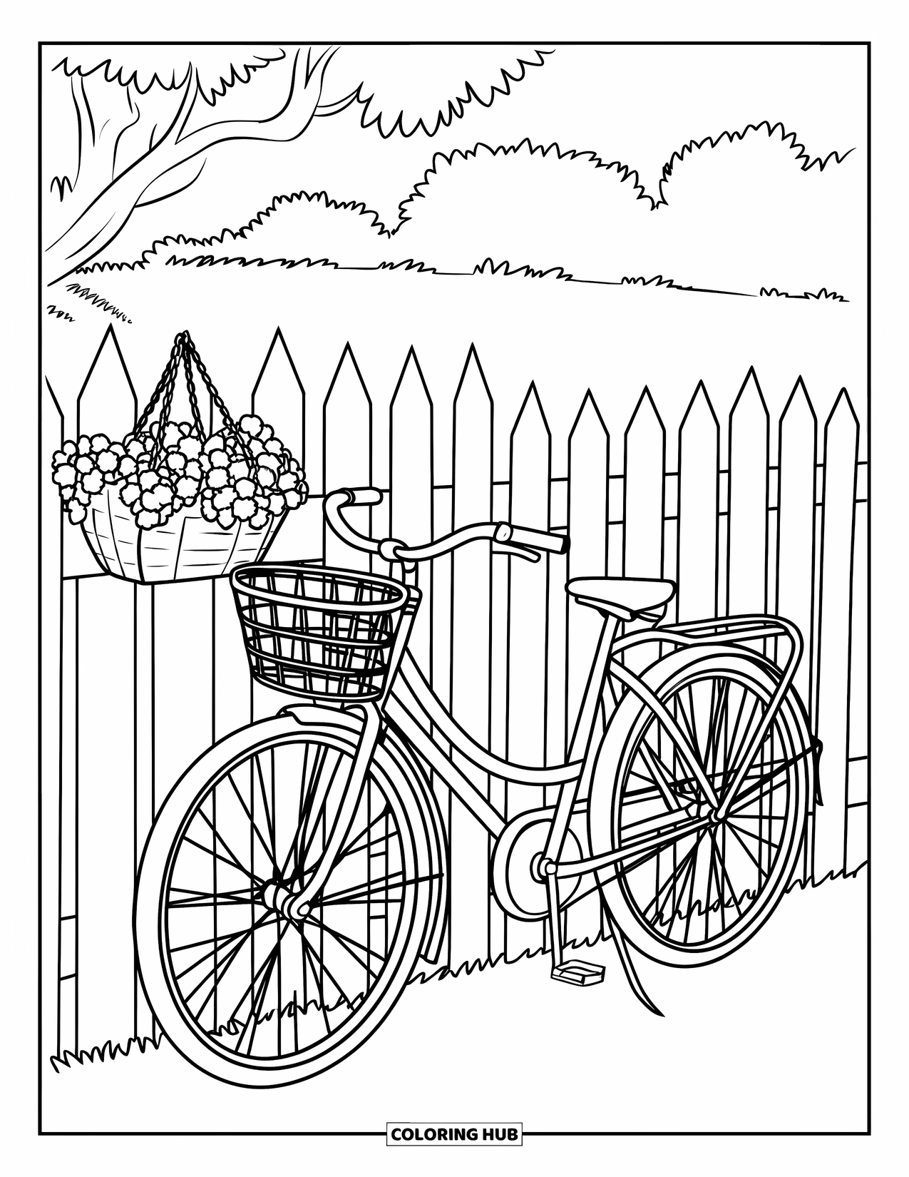 Cottagecore Coloring Page for Kids: A vintage-style bicycle beside a wooden fence, surrounded by flowers