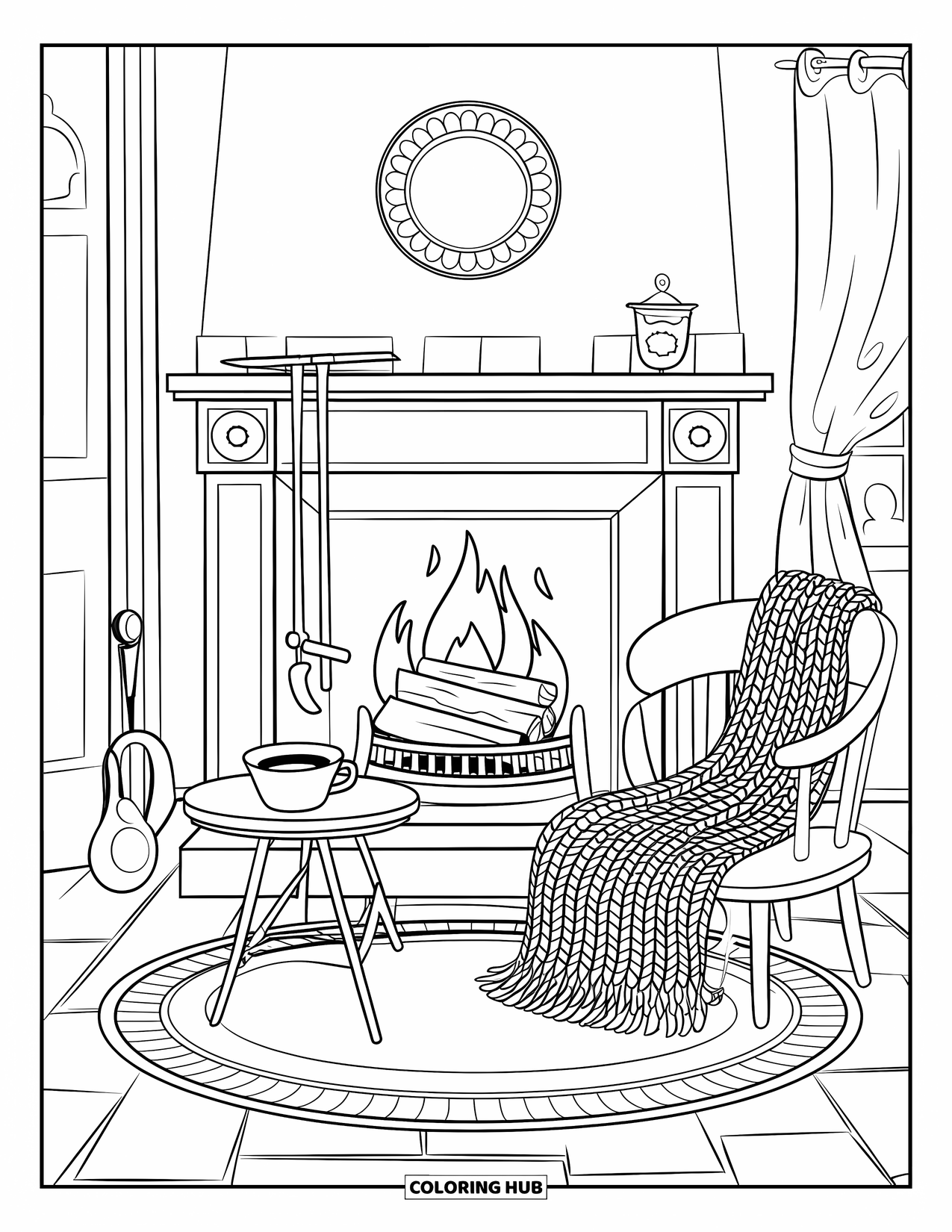 Cottagecore Coloring Page for Kids: A warm fireplace with burning wood, a teacup, and a decorative mantel