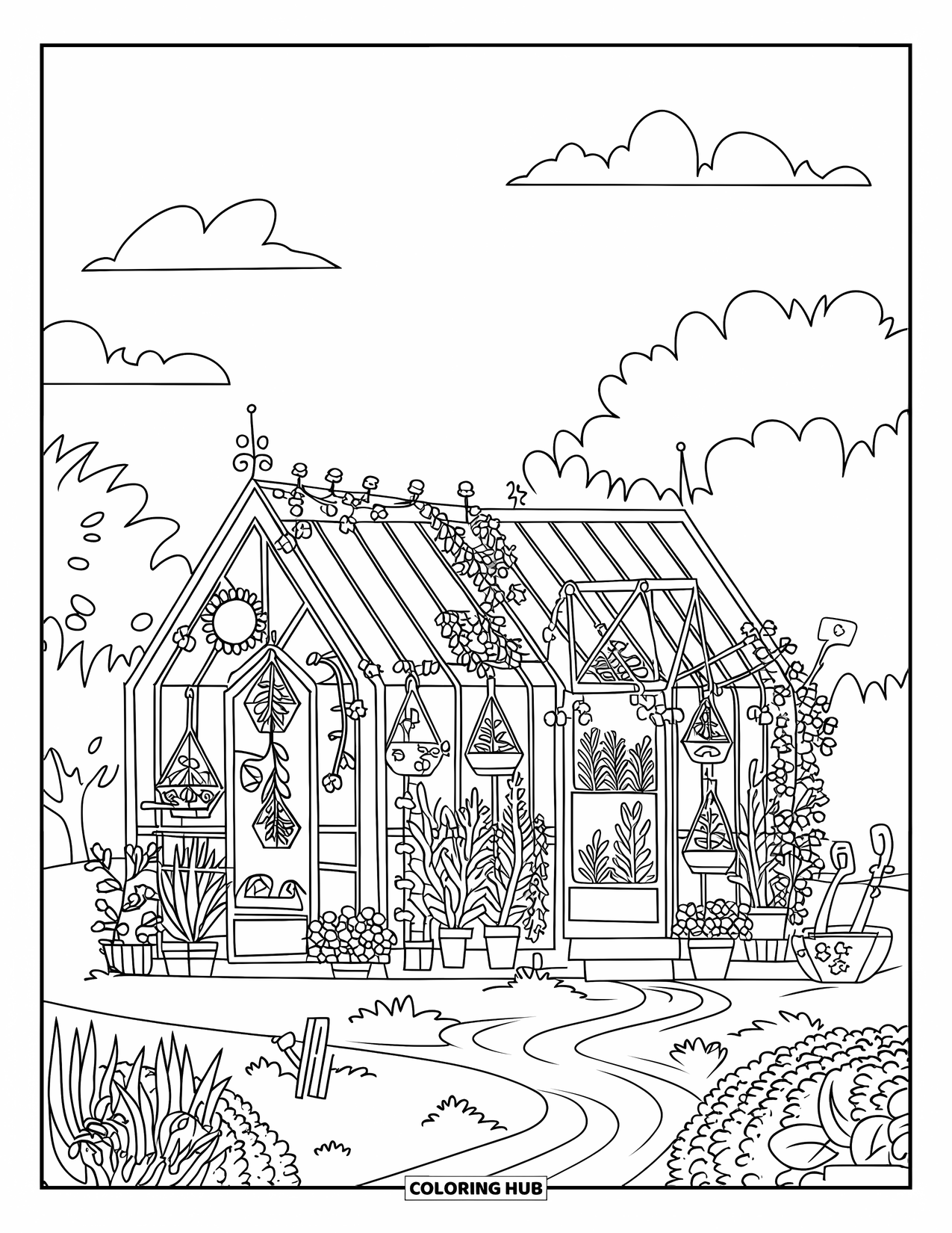 Cottagecore Coloring Page for Kids: A whimsical greenhouse with wooden shelves, vines, and potted plants