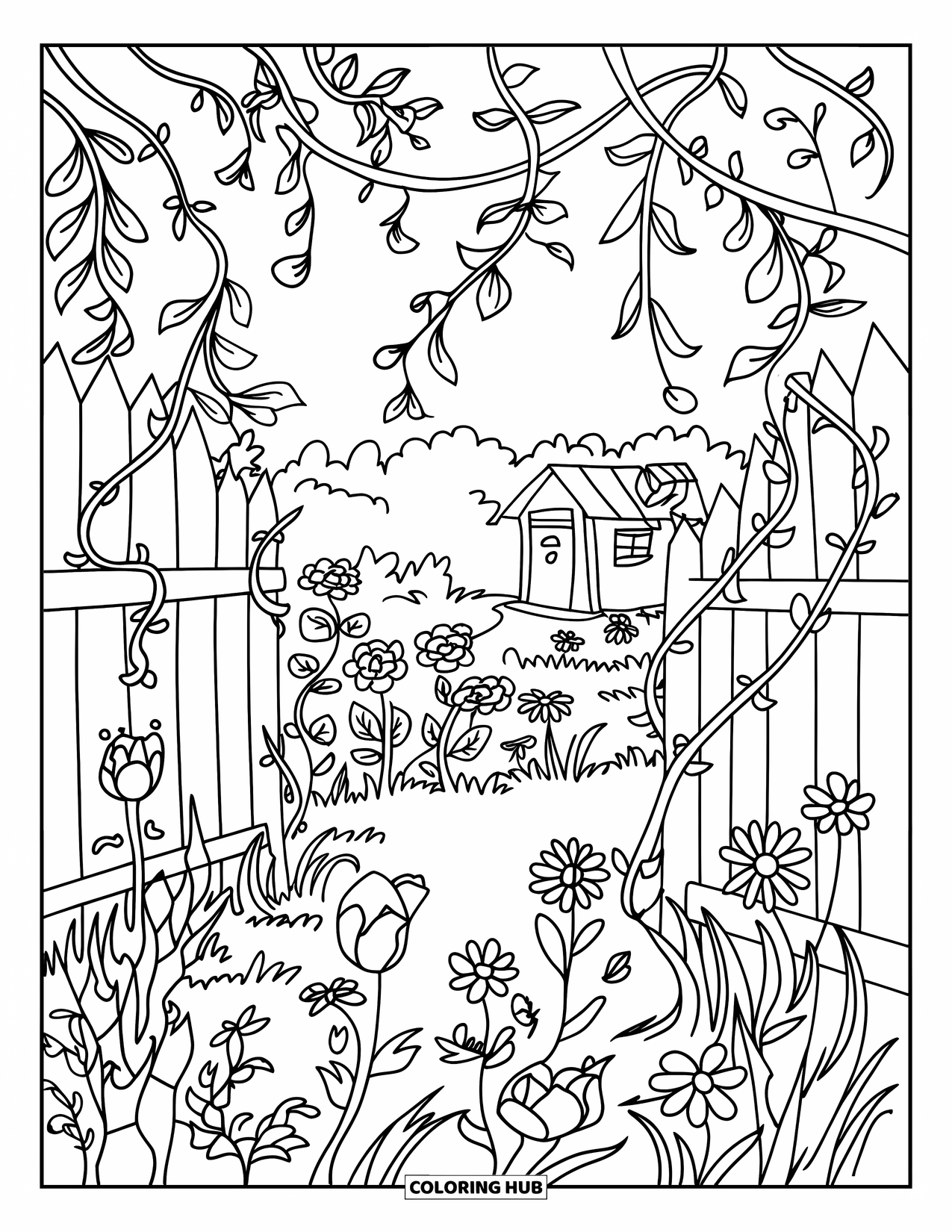 Cottagecore Coloring Page for Kids: A wildflower garden with a small cottage in the background
