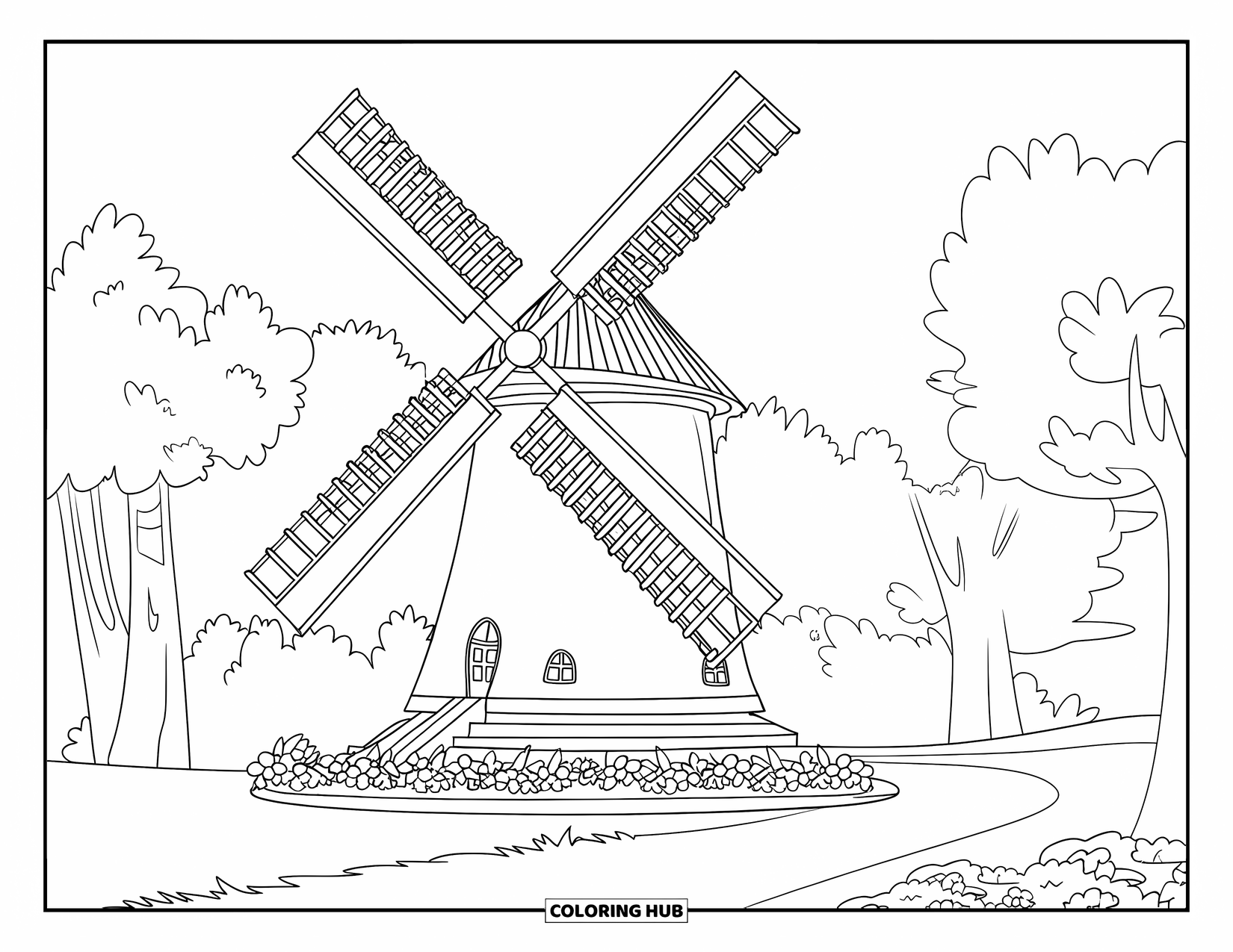 Cottagecore Coloring Page for Kids: A windmill cottage with a flower bed, trees, and a winding path