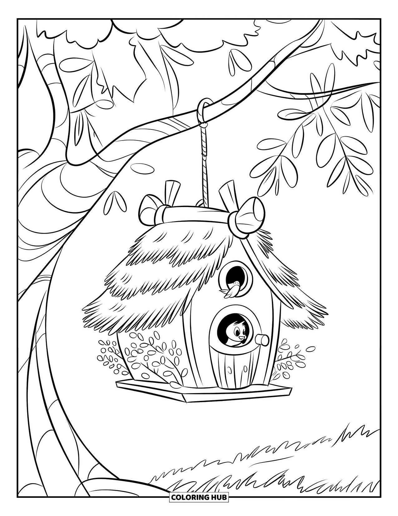 Cottagecore Coloring Page for Kids: A wooden birdhouse hanging from a tree, with lush greenery around it