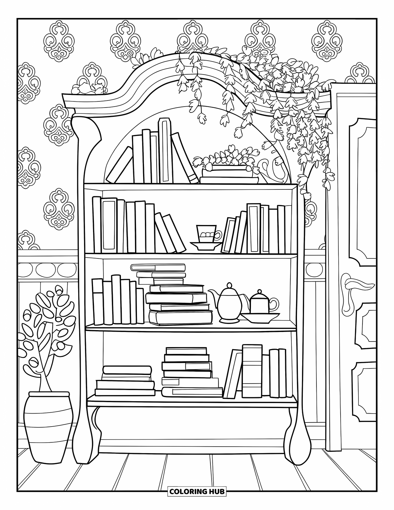 Cottagecore Coloring Page for Kids: A wooden shelf filled with books, teacups, and a potted plant