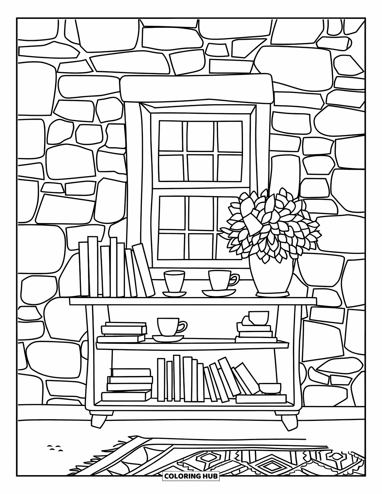 Cottagecore Coloring Page for Kids: A wooden shelf with books and teacups, mounted on a stone wall
