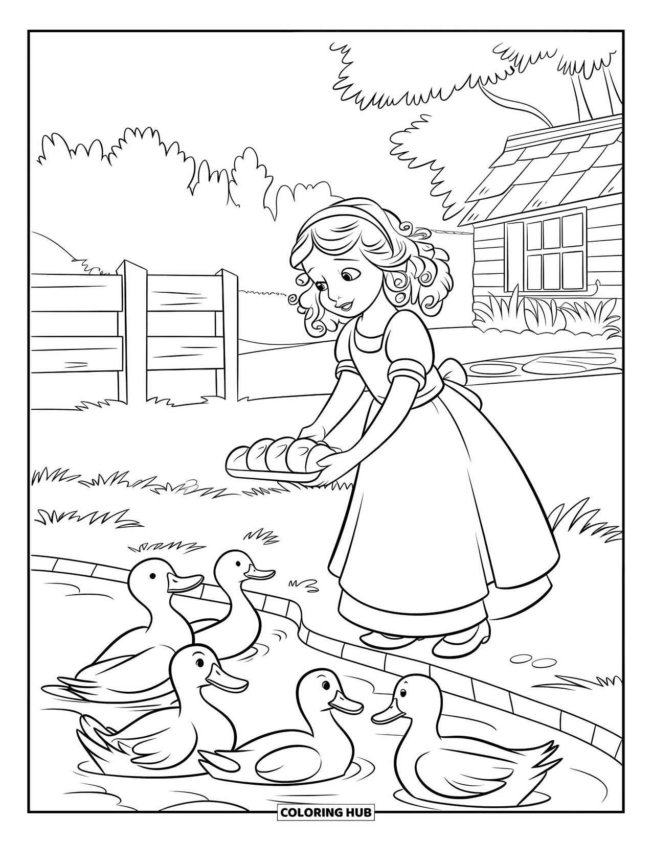 Cottagecore Coloring Page for Kids: A young girl feeding ducks near a pond, with a cottage in the background
