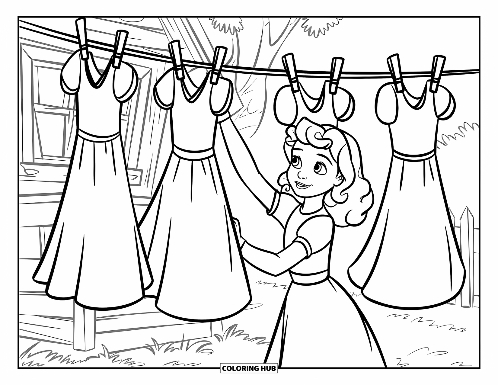 Cottagecore Coloring Page for Kids: A young girl hanging cottagecore dresses on a clothesline near a rustic cabin