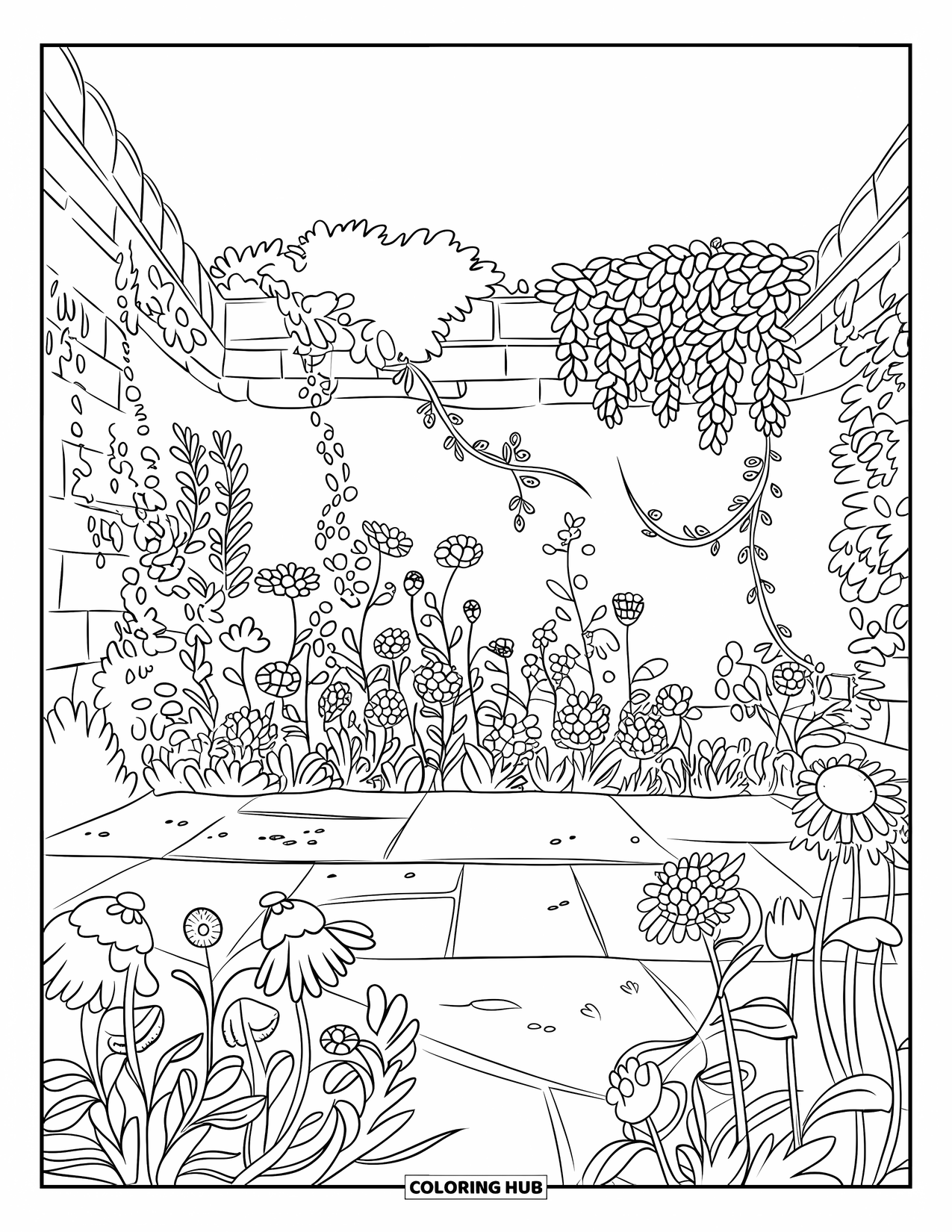 Cottagecore Coloring Page for Kids: An overgrown garden with flowers, vines, and a surrounding brick wall