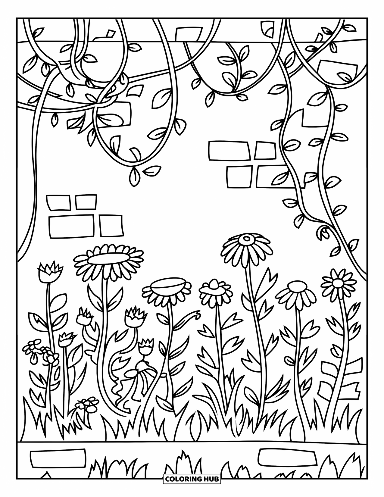 Cottagecore Coloring Page for Kids: An overgrown garden with wildflowers and vines