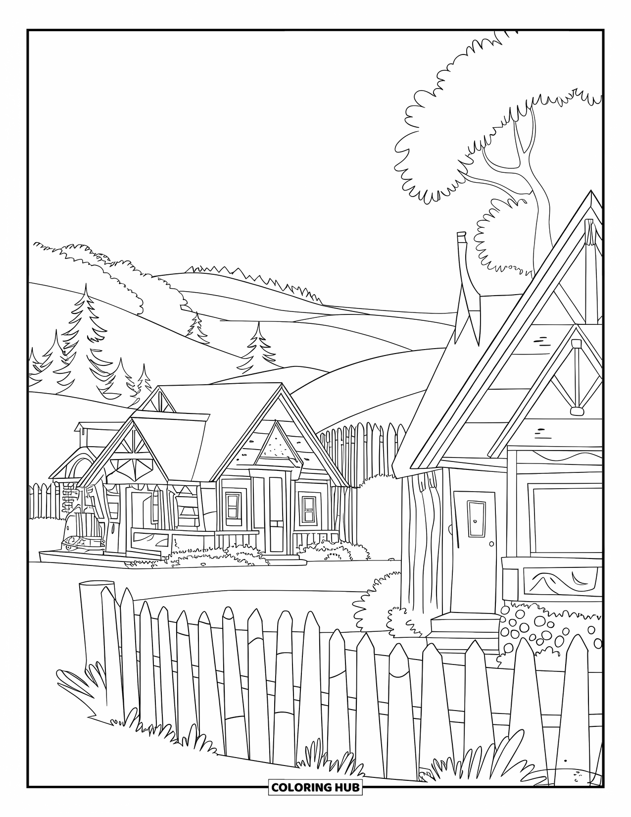 Cottagecore Coloring Page for Kids: Cottages with thatched roofs, gardens, and wooden fences