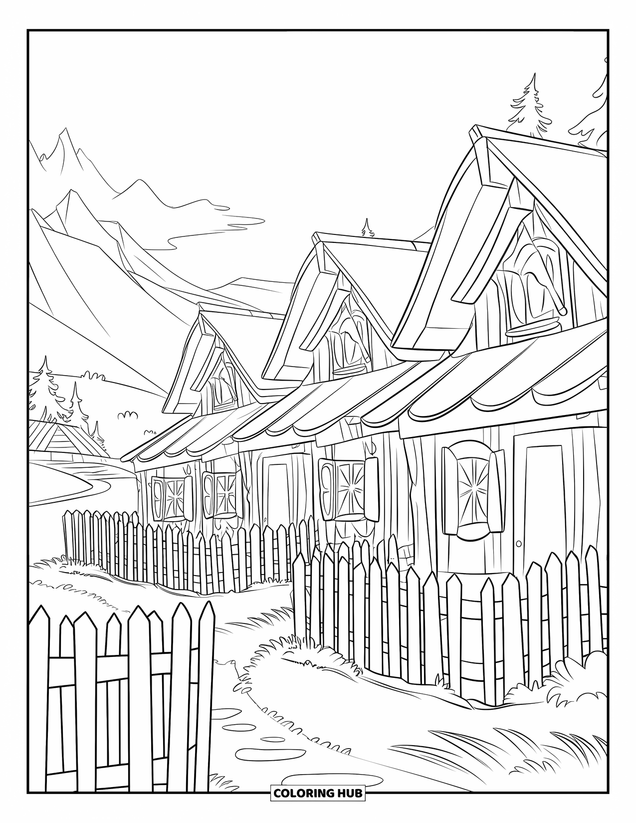 Cottagecore Coloring Page for Kids: Three charming cottages surrounded by vibrant flowers and trees