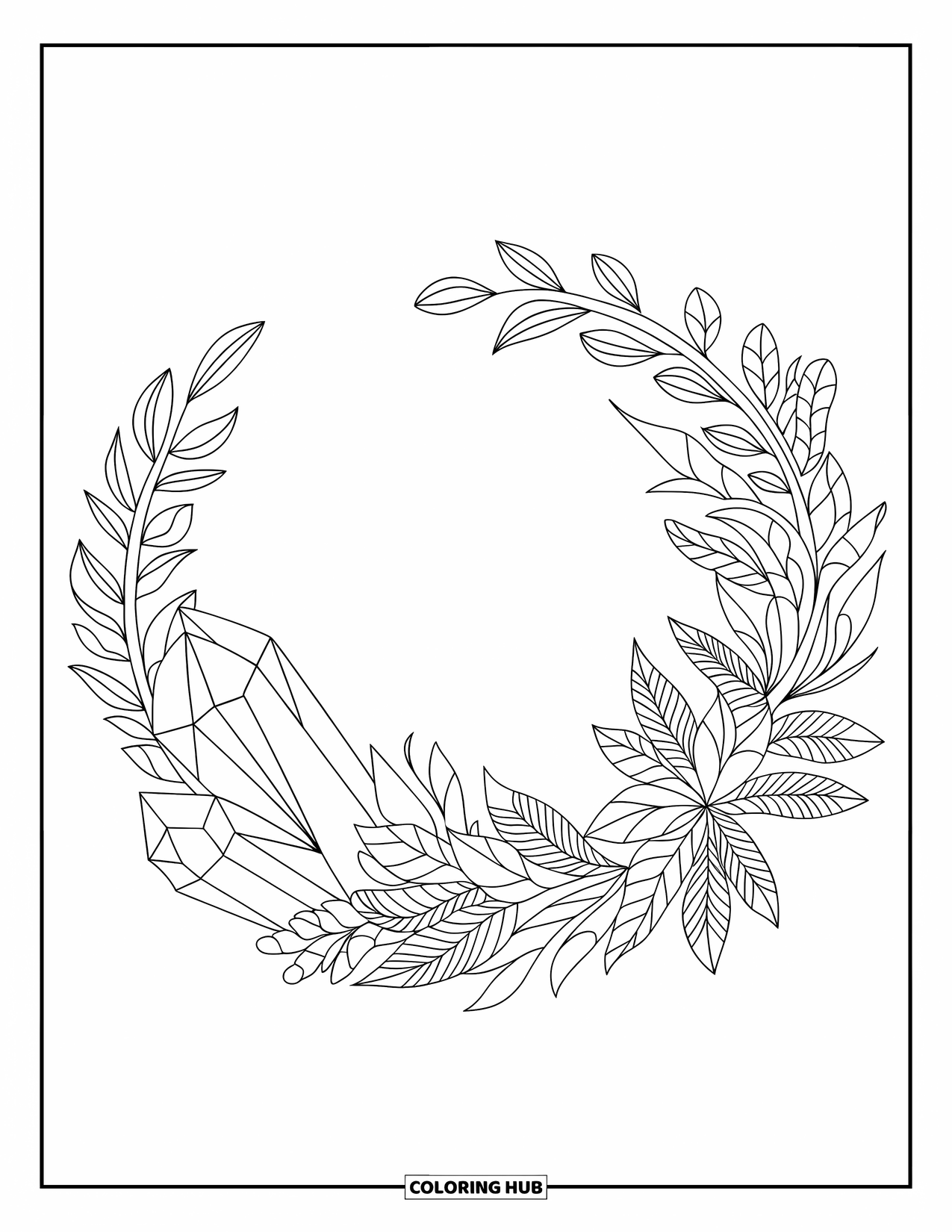 Crystal Coloring Page for Adults: A botanical wreath intertwined with crystals, blending nature and geometric shapes