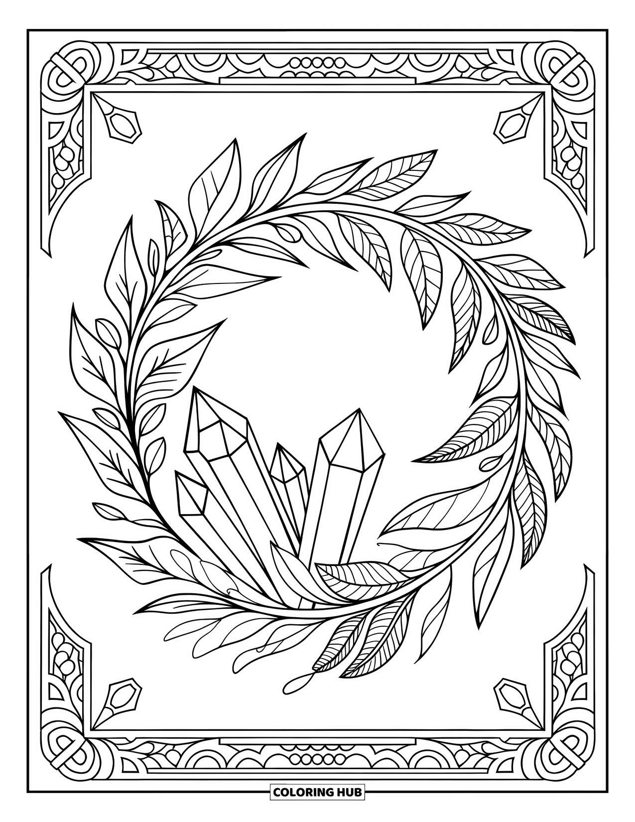 Crystal Coloring Page for Adults: A botanical wreath intertwined with crystals, blending nature and geometry